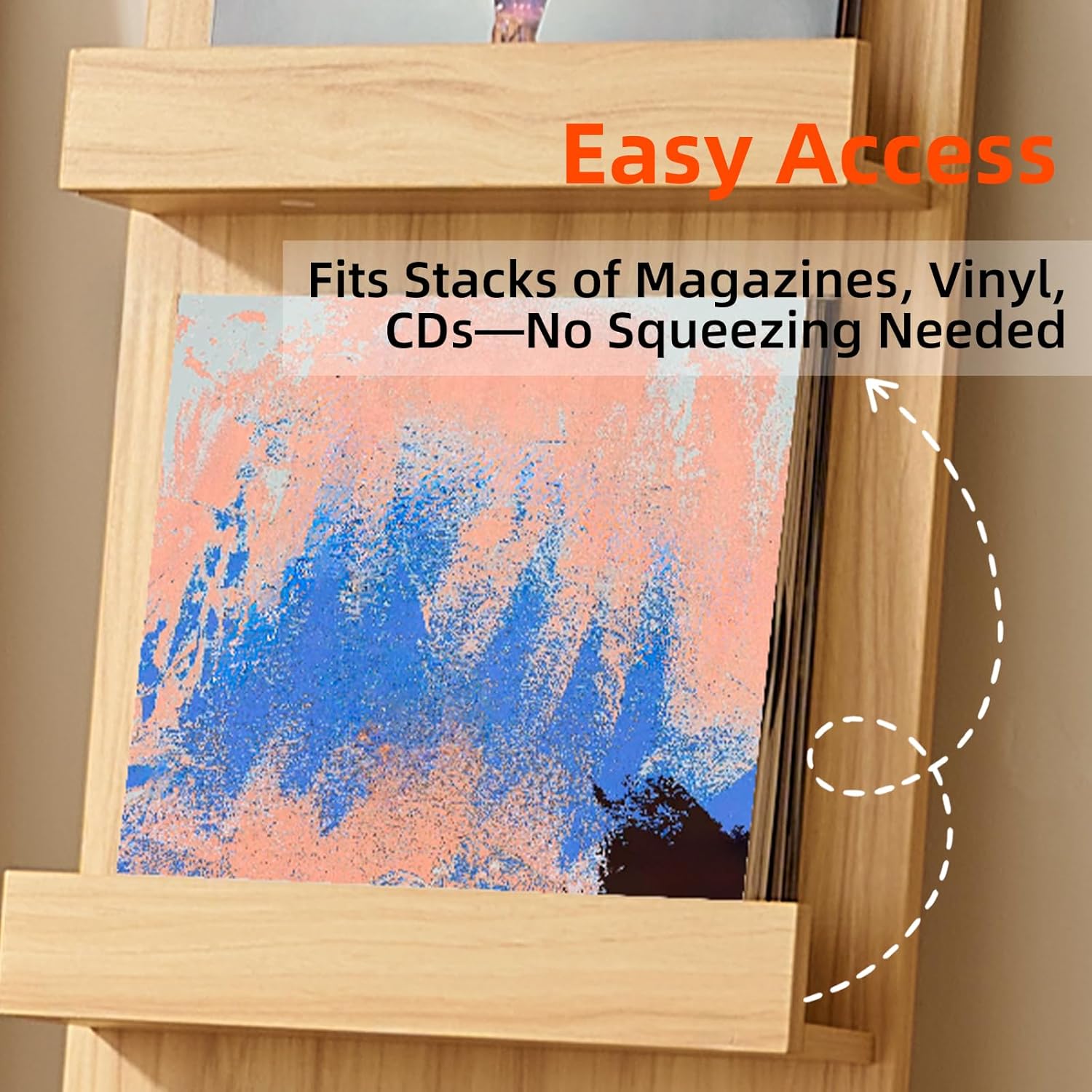LELELINKY Wall Mount Vinyl Record Holder with 3 Tier Display Shelf, 47.5'' Tall Record Storage Magazine Holder, Book Shelf Holder Holds Up to 15 Vinyls Albums/CD for Living Room, Concert Hall, Natural