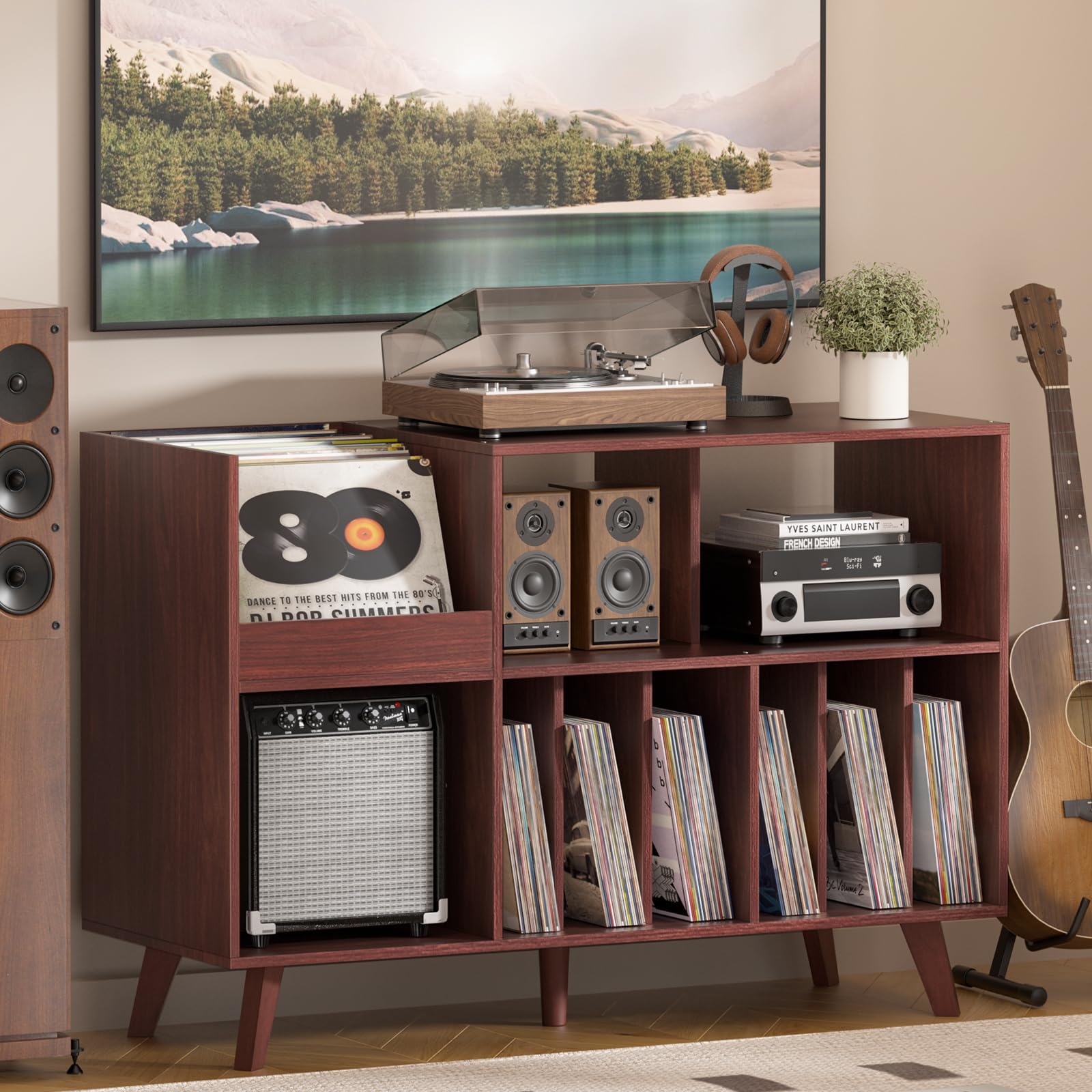 LELELINKY Large Record Player Stand, Turntable Stand with Storage, Vinyl Record Holder with Display Area, Record Player Table Holds Up to 300 Albums, Record Stand for Music Room Living Room-Brown