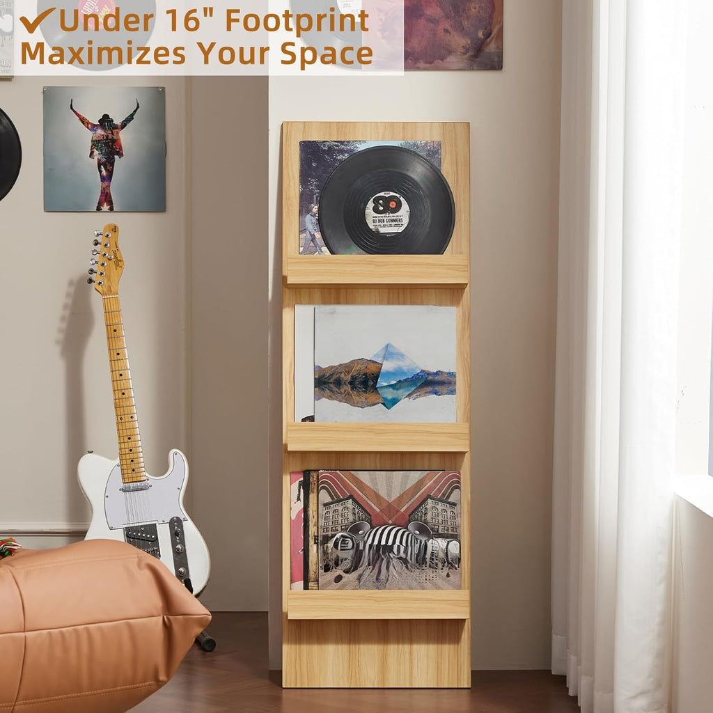 LELELINKY Wall Mount Vinyl Record Holder with 3 Tier Display Shelf, 47.5'' Tall Record Storage Magazine Holder, Book Shelf Holder Holds Up to 15 Vinyls Albums/CD for Living Room, Concert Hall, Natural