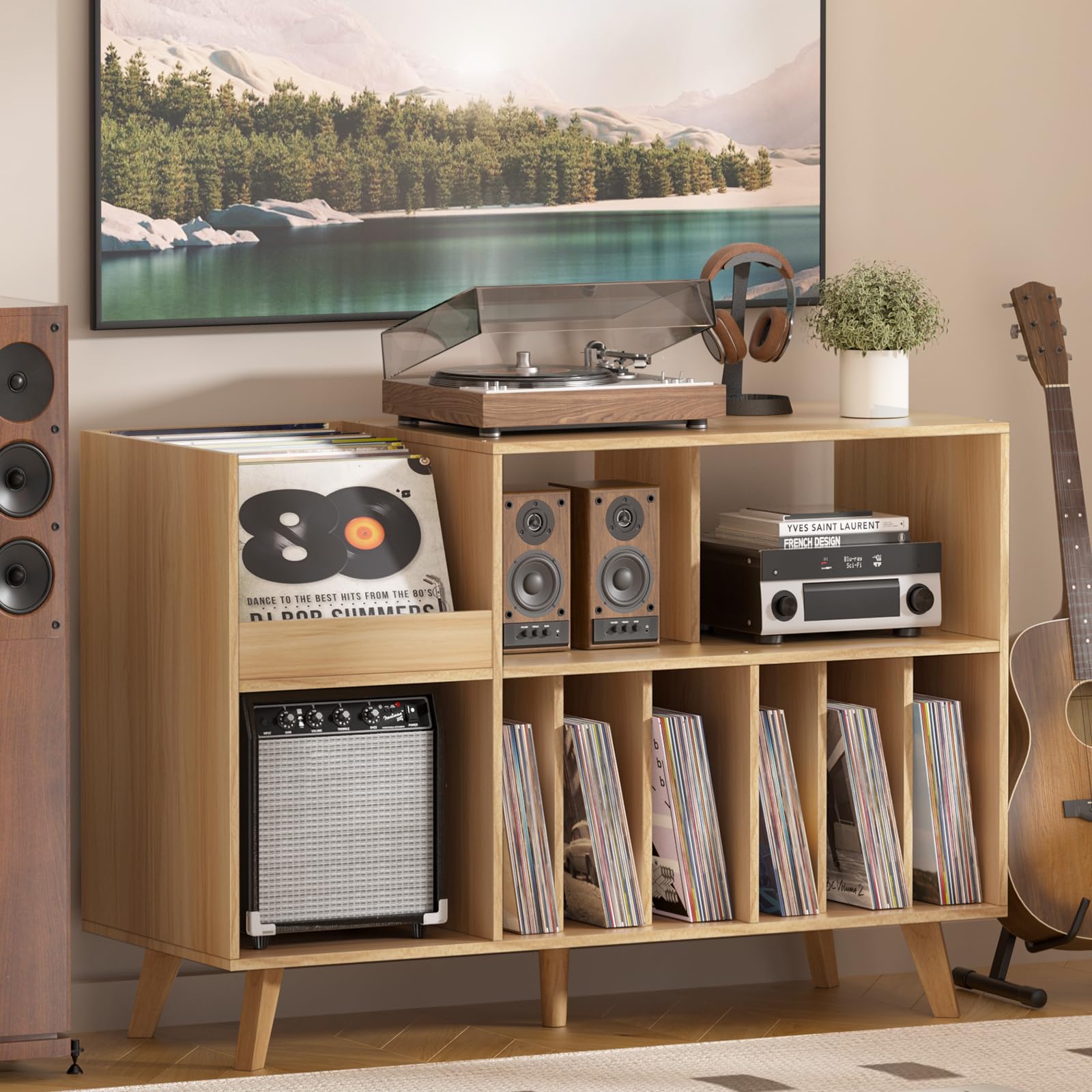 LELELINKY Large Record Player Stand, Turntable Stand with Storage, Vinyl Record Holder with Display Area, Record Player Table Holds Up to 300 Albums, Record Stand for Music Room Living Room-Brown