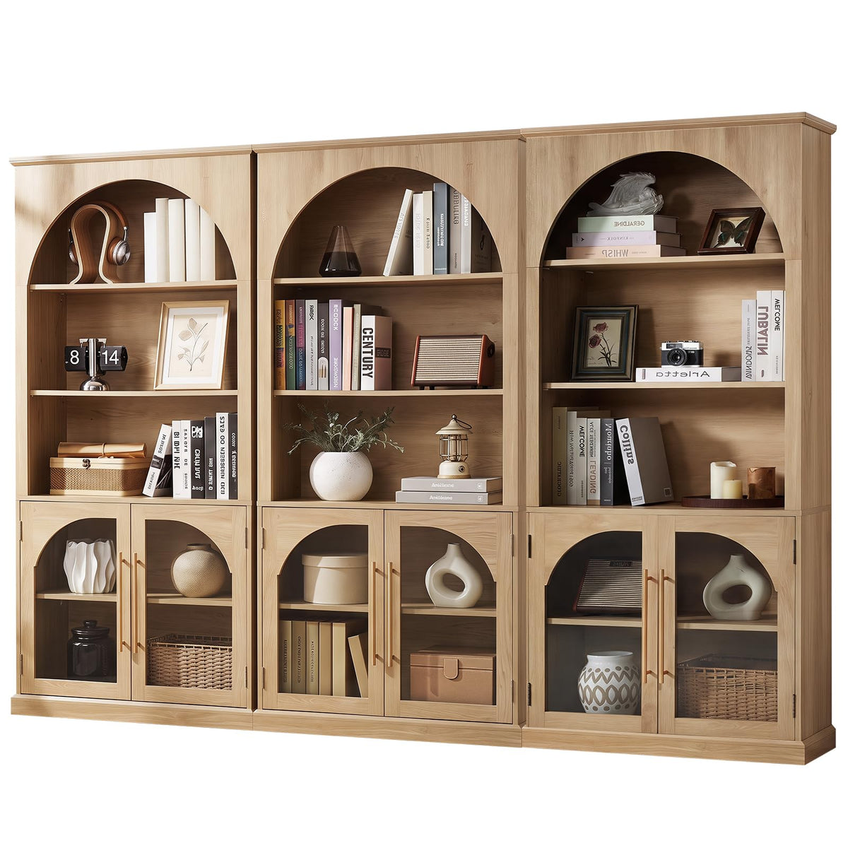 LELELINKY Arched Bookshelf with Tempered Glass Doors, 67" Tall Bookcase