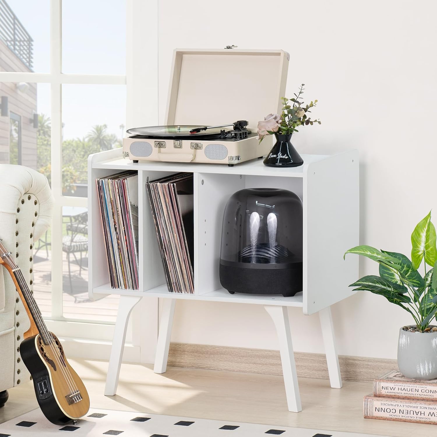 LELELINKY Record Player Stand,Vinyl Record Storage Table with 4 Cabinet Up to 120 Albums,Mid-Century Turntable Stand with Wood Legs,White Vinyl Holder Display Shelf for Bedroom Living Room