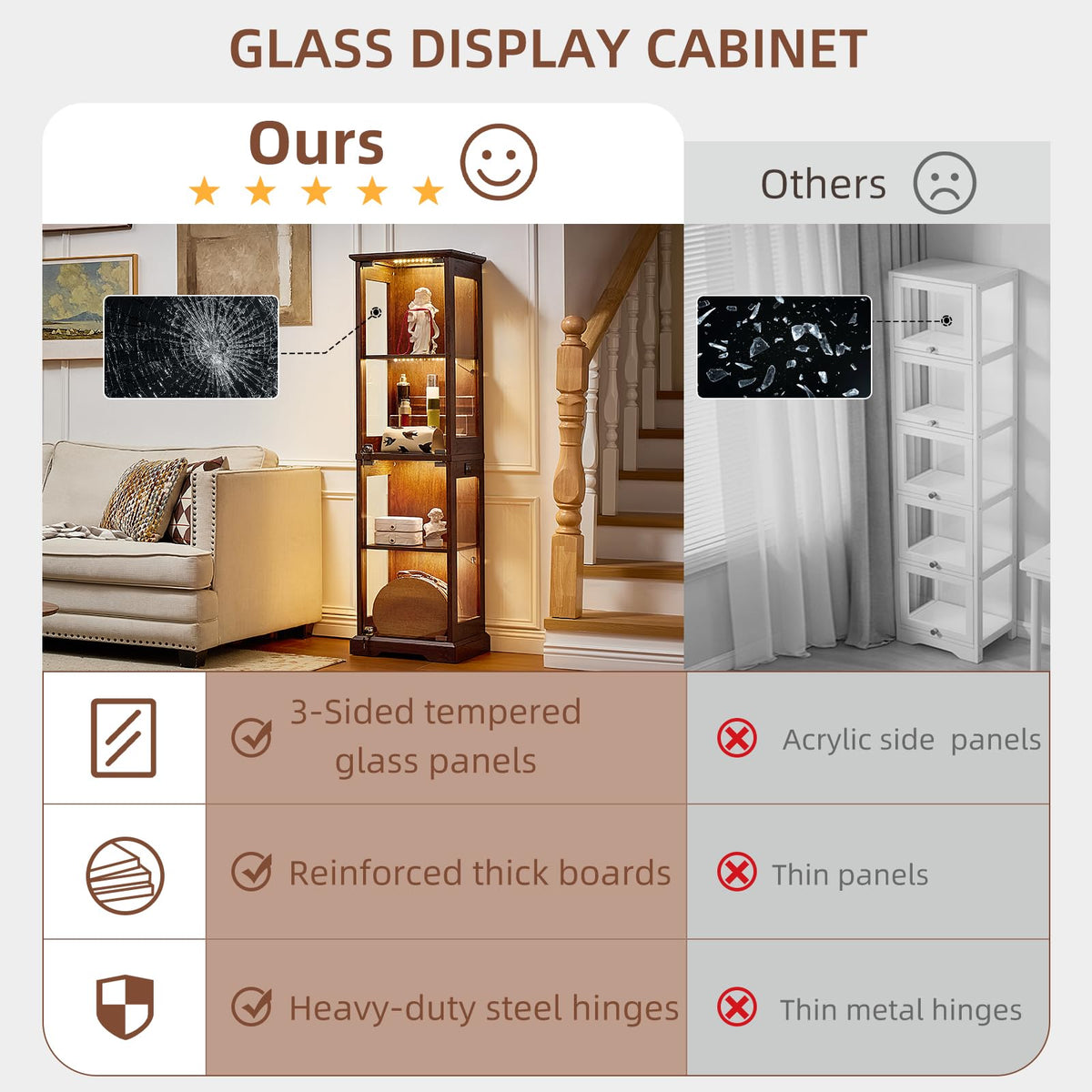 LELELINKY Farmhouse Narrow Glass Display Cabinet with Doors & Lock, Walnut