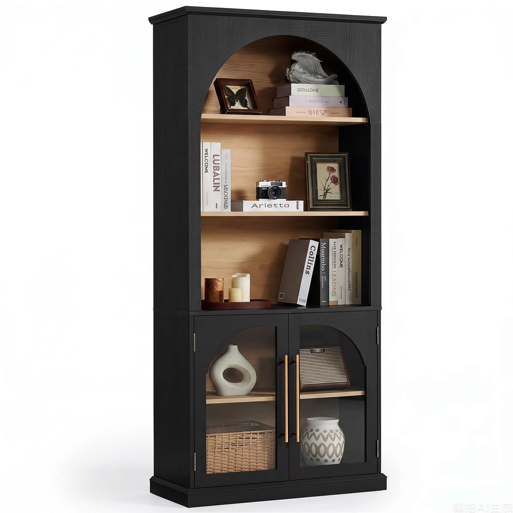 LELELINKY Arched Bookshelf with Tempered Glass Doors, 67" Tall Bookcase