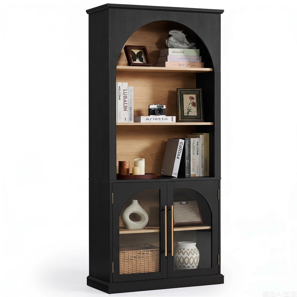 LELELINKY Arched Bookshelf with Tempered Glass Doors, 67" Tall Bookcase
