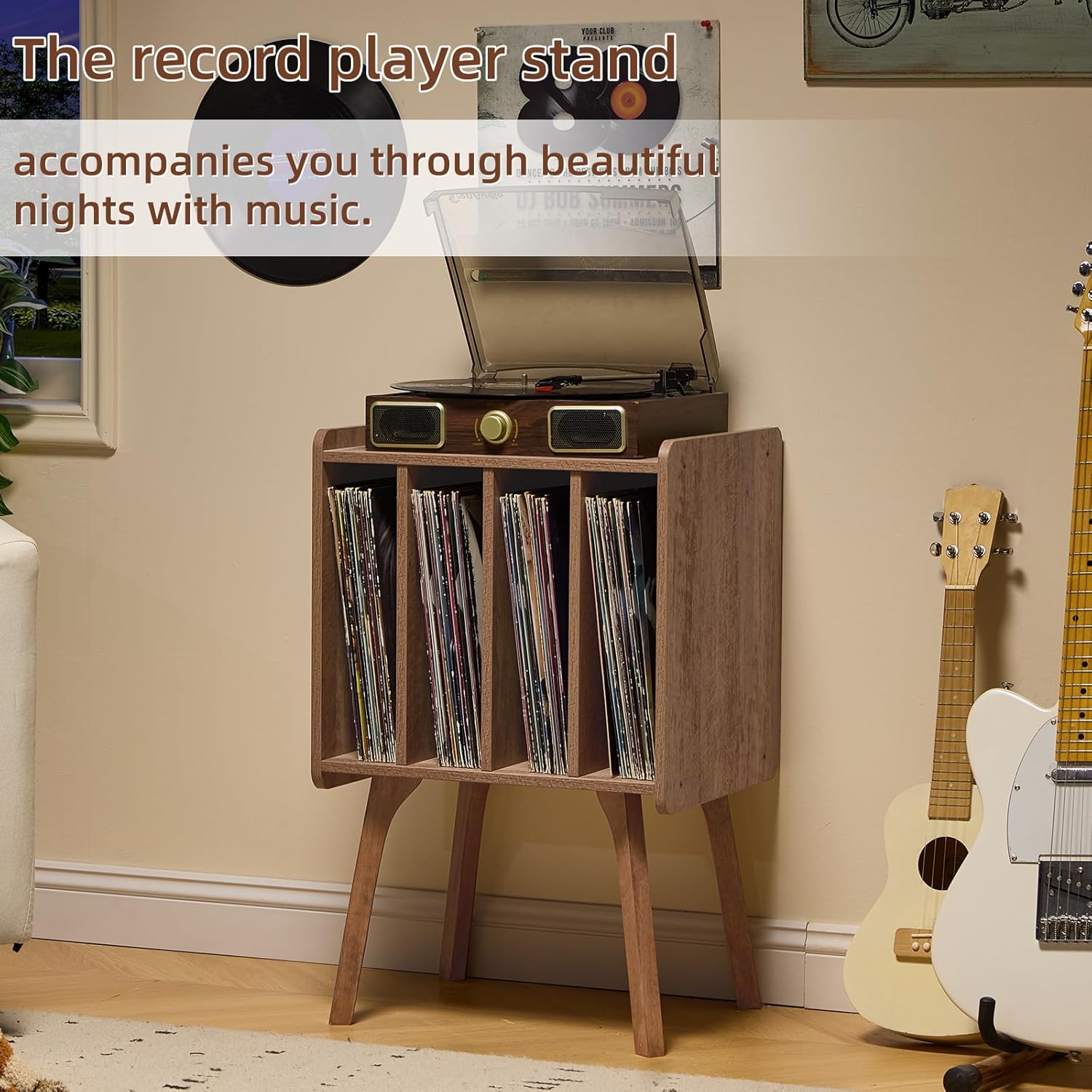 LELELINKY Record Player Stand,Vinyl Record Storage Table with 4 Cabinet Up to 100 Albums,Mid-Century Modern Turntable Stand with Wood Legs,Oak Grey Vinyl Holder Display Shelf for Bedroom Living Room