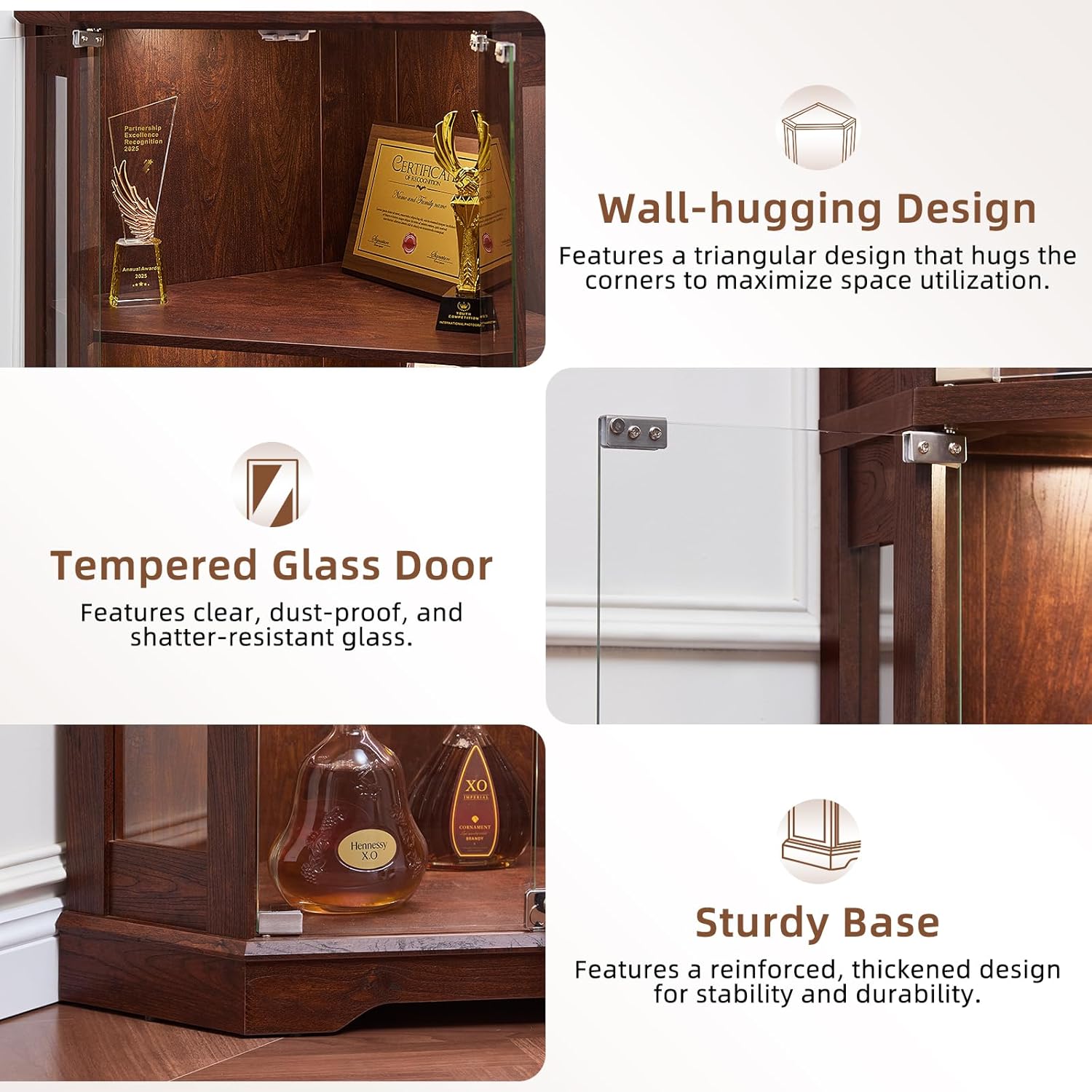 LELELINKY Farmhouse Corner Display Cabinet with Glass Doors, Corner Curio Cabinet with 3-Color LED Motion-Sensor Light, Walnut