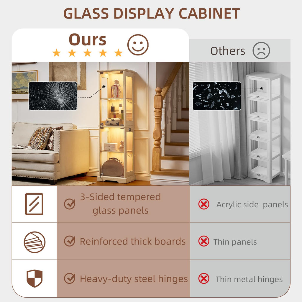 LELELINKY Farmhouse Narrow Glass Display Cabinet with Doors & Lock, Walnut