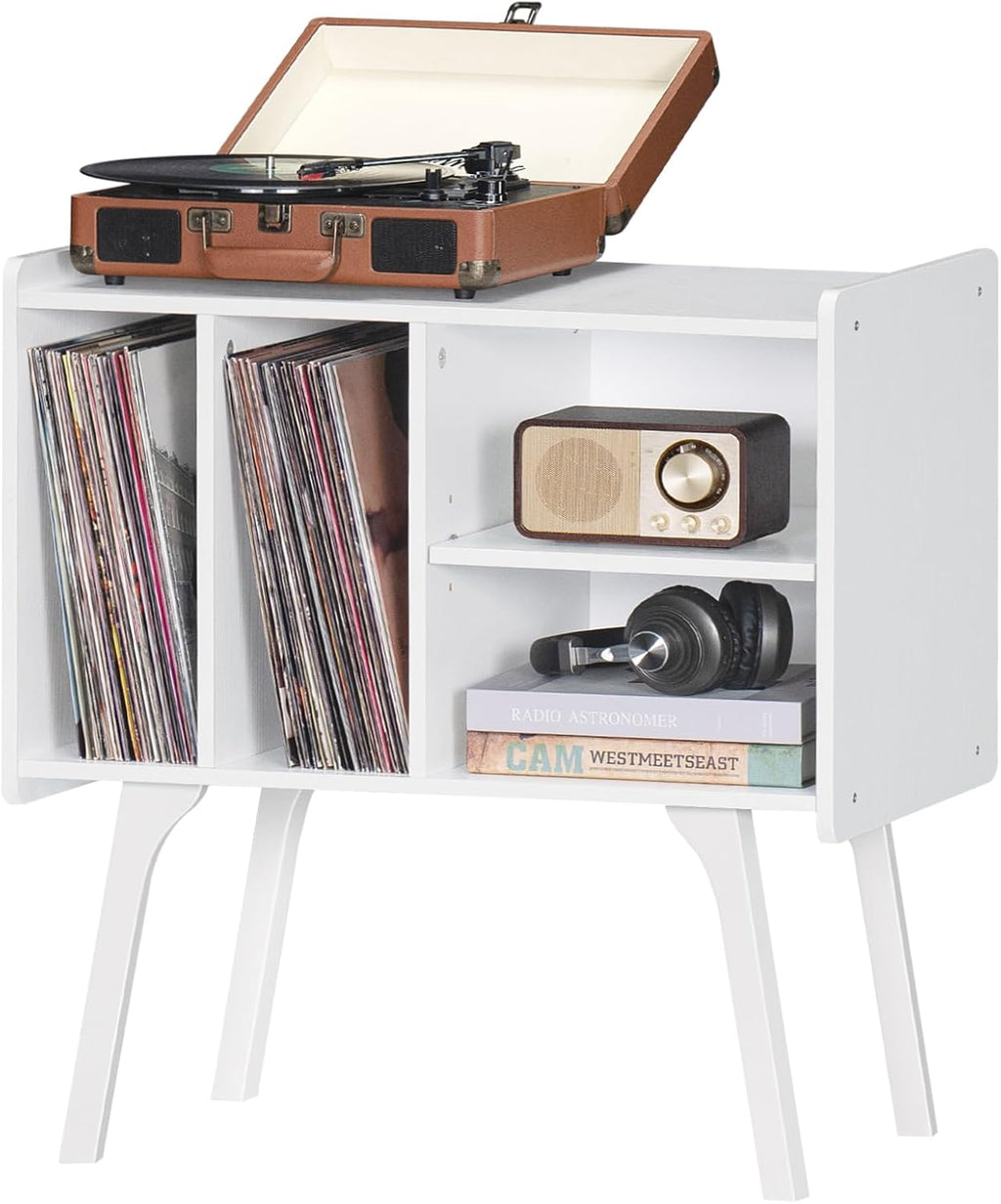 LELELINKY Record Player Stand,Vinyl Record Storage Table with 4 Cabinet Up to 120 Albums,Mid-Century Turntable Stand with Wood Legs,White Vinyl Holder Display Shelf for Bedroom Living Room