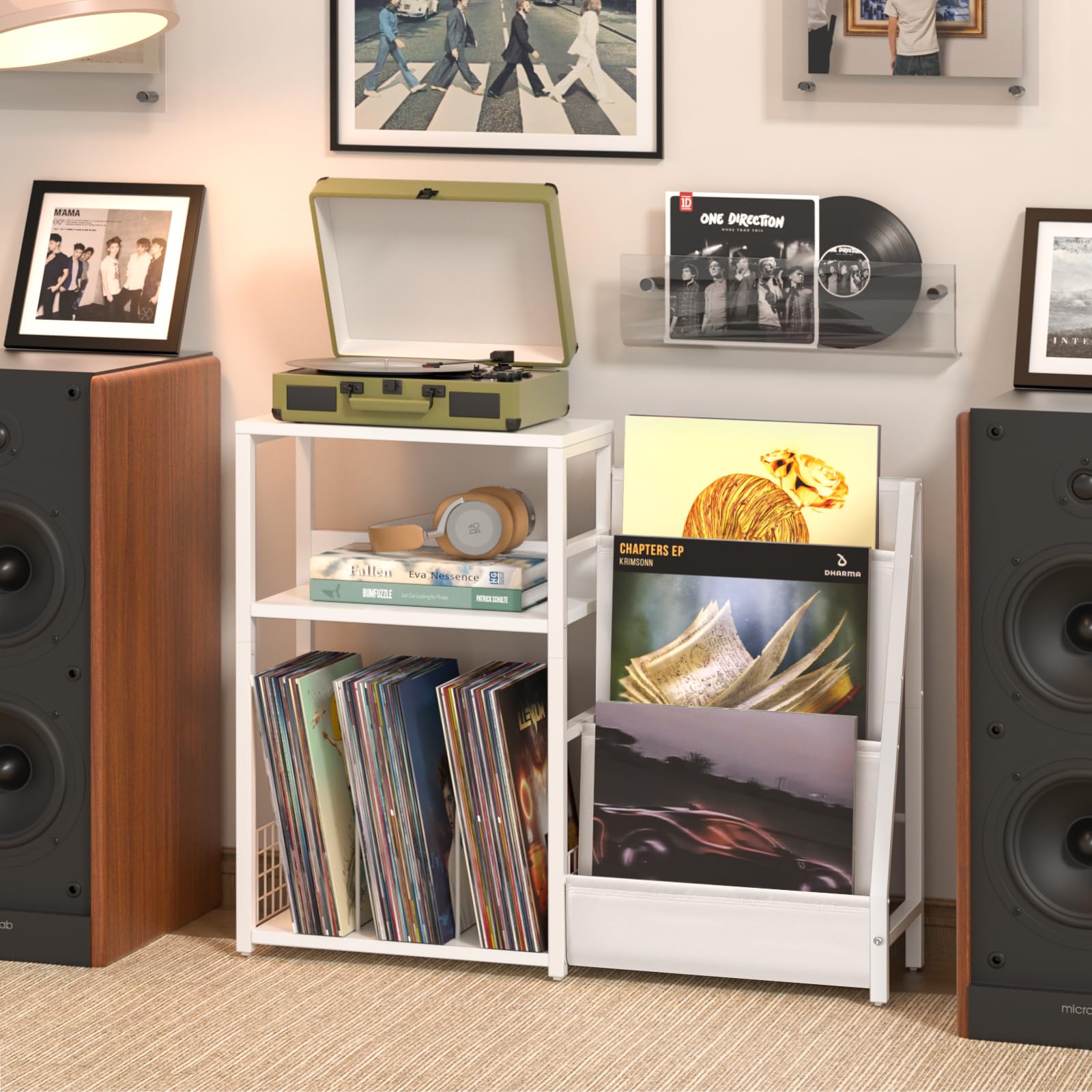 LELELINKY Record Player Stand, Black Adjustable Guitar Stand for Acoustic Guitar, Electric Guitar, Bass, Turntable Stand with Vinyl Display Shelf Storage Up to 150 Albums, End Table for Music Room