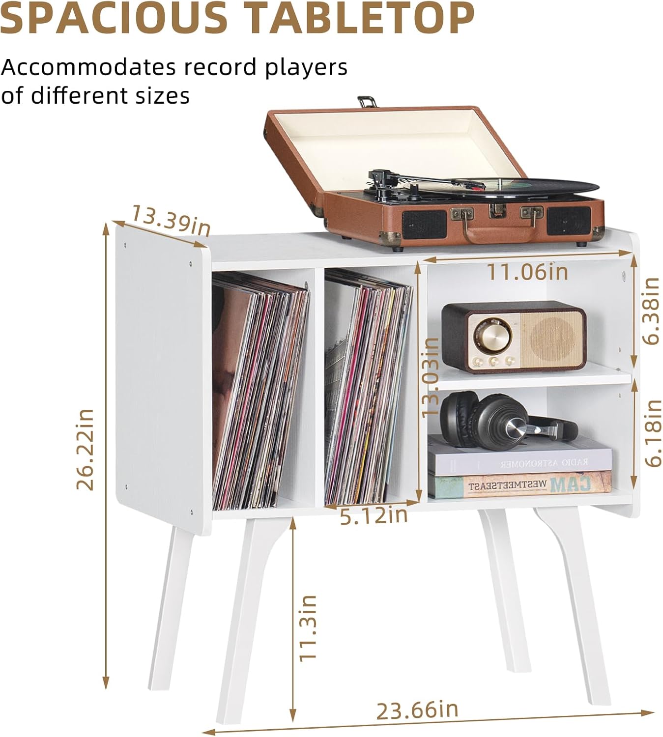 LELELINKY Record Player Stand,Vinyl Record Storage Table with 4 Cabinet Up to 120 Albums,Mid-Century Turntable Stand with Wood Legs,White Vinyl Holder Display Shelf for Bedroom Living Room