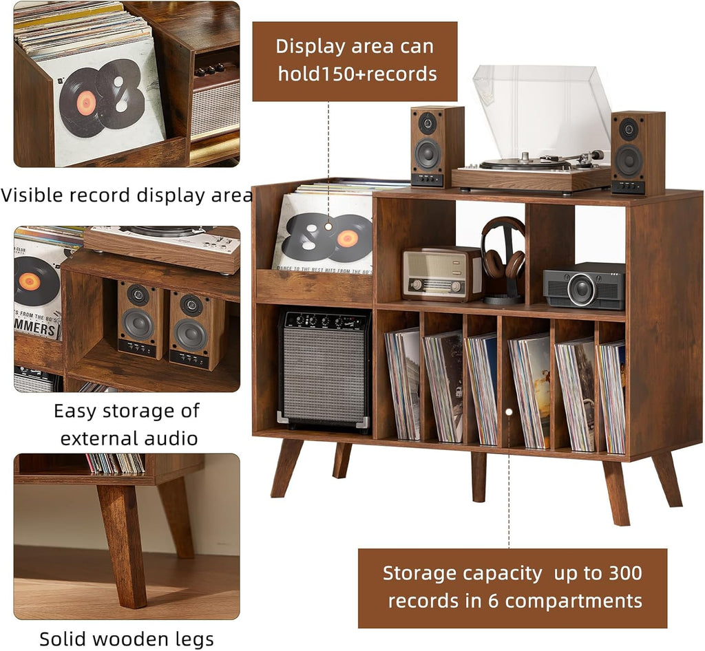 LELELINKY Large Record Player Stand, 48‘’Turntable Stand with Storage, Vinyl Record Holder with Display Area, Record Player Table Holds Up to 450 Albums, Record Stand for Music Room Living Room