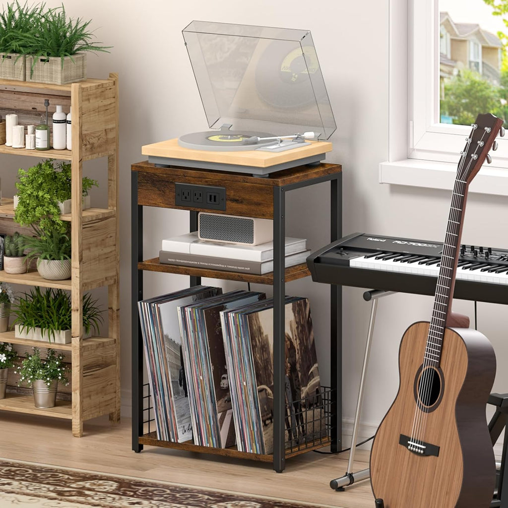 LELELINKY Brown Record Player Stand with Charging Station