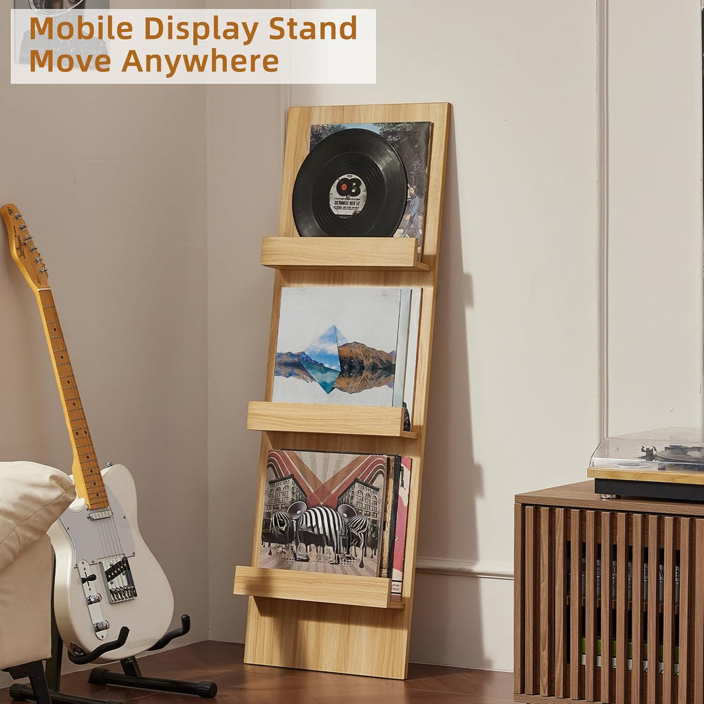 LELELINKY Wall Mount Vinyl Record Holder with 3 Tier Display Shelf, 47.5'' Tall Record Storage Magazine Holder, Book Shelf Holder Holds Up to 15 Vinyls Albums/CD for Living Room, Concert Hall, Natural