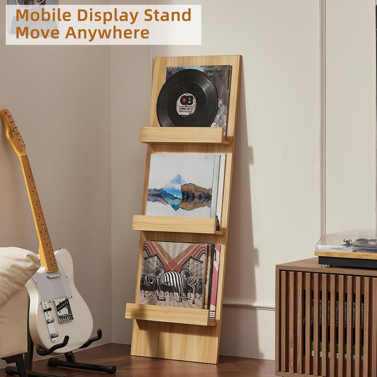 LELELINKY Wall Mount Vinyl Record Holder with 3 Tier Display Shelf, 47.5'' Tall Record Storage Magazine Holder, Book Shelf Holder Holds Up to 15 Vinyls Albums/CD for Living Room, Concert Hall, Natural