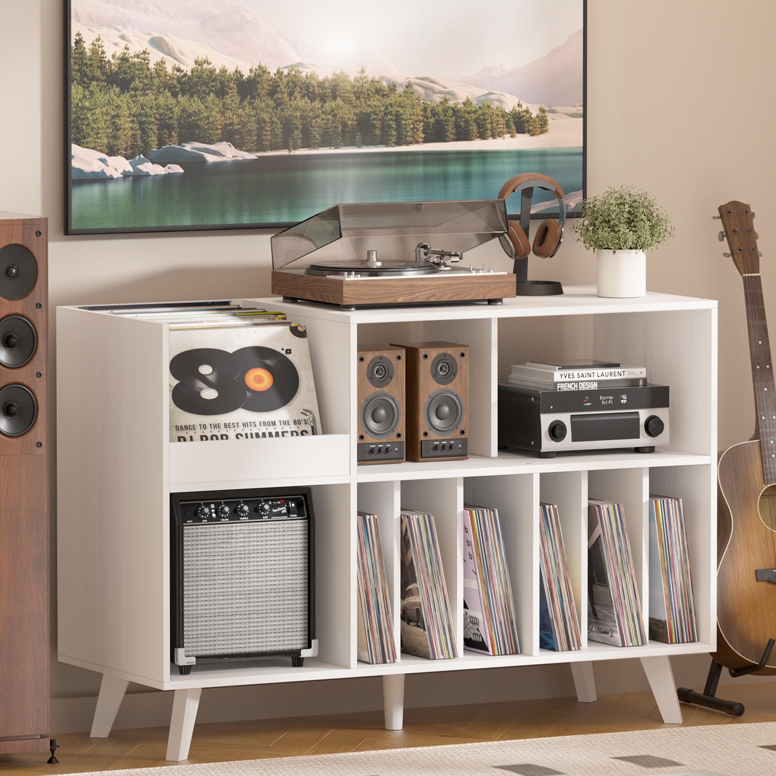 LELELINKY Large Record Player Stand, Turntable Stand with Storage, Vinyl Record Holder with Display Area, Record Player Table Holds Up to 300 Albums, Record Stand for Music Room Living Room-Brown