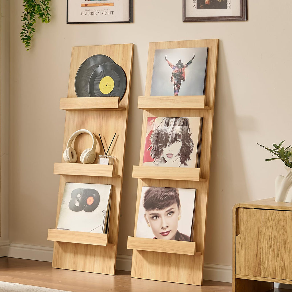 LELELINKY Wall Mount Vinyl Record Holder with 3 Tier Display Area, 47.5'' Tall Record Storage Magazine Holder, Book Shelf Holder Holds Up to 15 Vinyls Albums/CD for Music Room, Living Room, Black