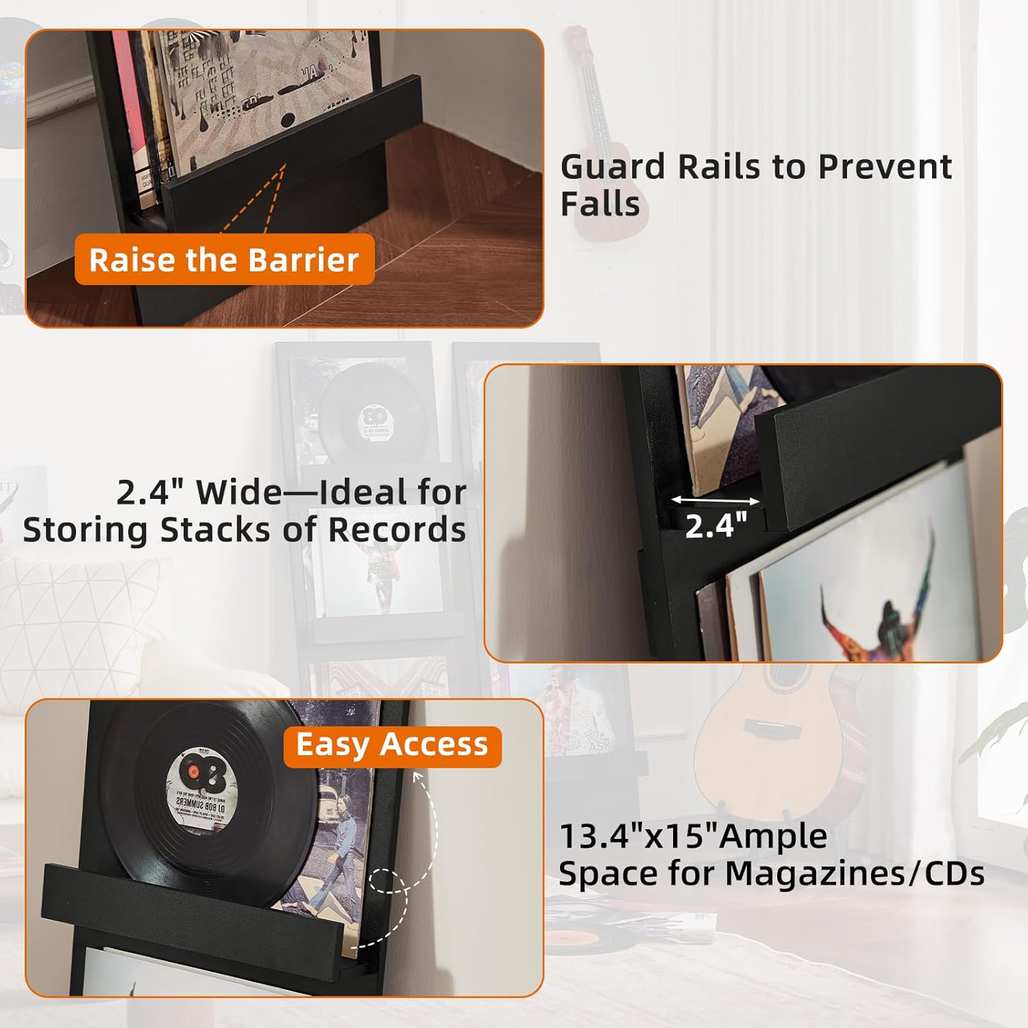 LELELINKY Wall Mount Vinyl Record Holder with 3 Tier Display Shelf, 47.5'' Tall Record Storage Magazine Holder, Book Shelf Holder Holds Up to 15 Vinyls Albums/CD for Living Room, Concert Hall, Black