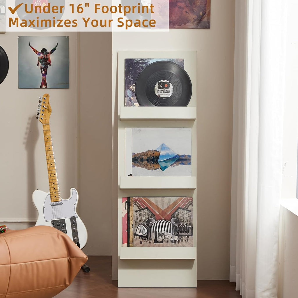 LELELINKY Wall Mount Vinyl Record Holder with 3 Tier Display Area, 47.5'' Tall Record Storage Magazine Holder, Book Shelf Holder Holds Up to 15 Vinyls Albums/CD for Living Room, Concert Hall, White