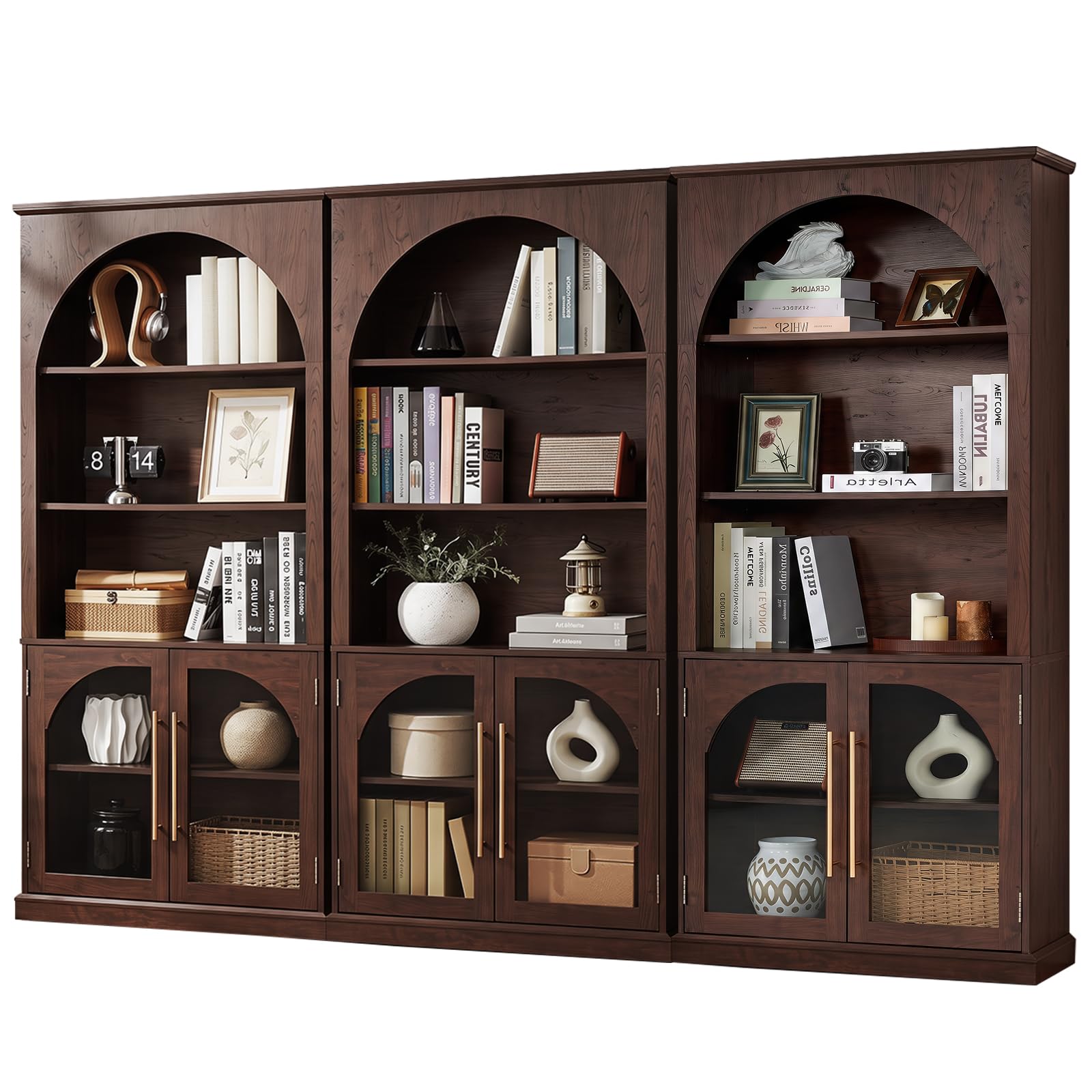 LELELINKY Arched Bookshelf with Tempered Glass Doors, 67" Tall Bookcase