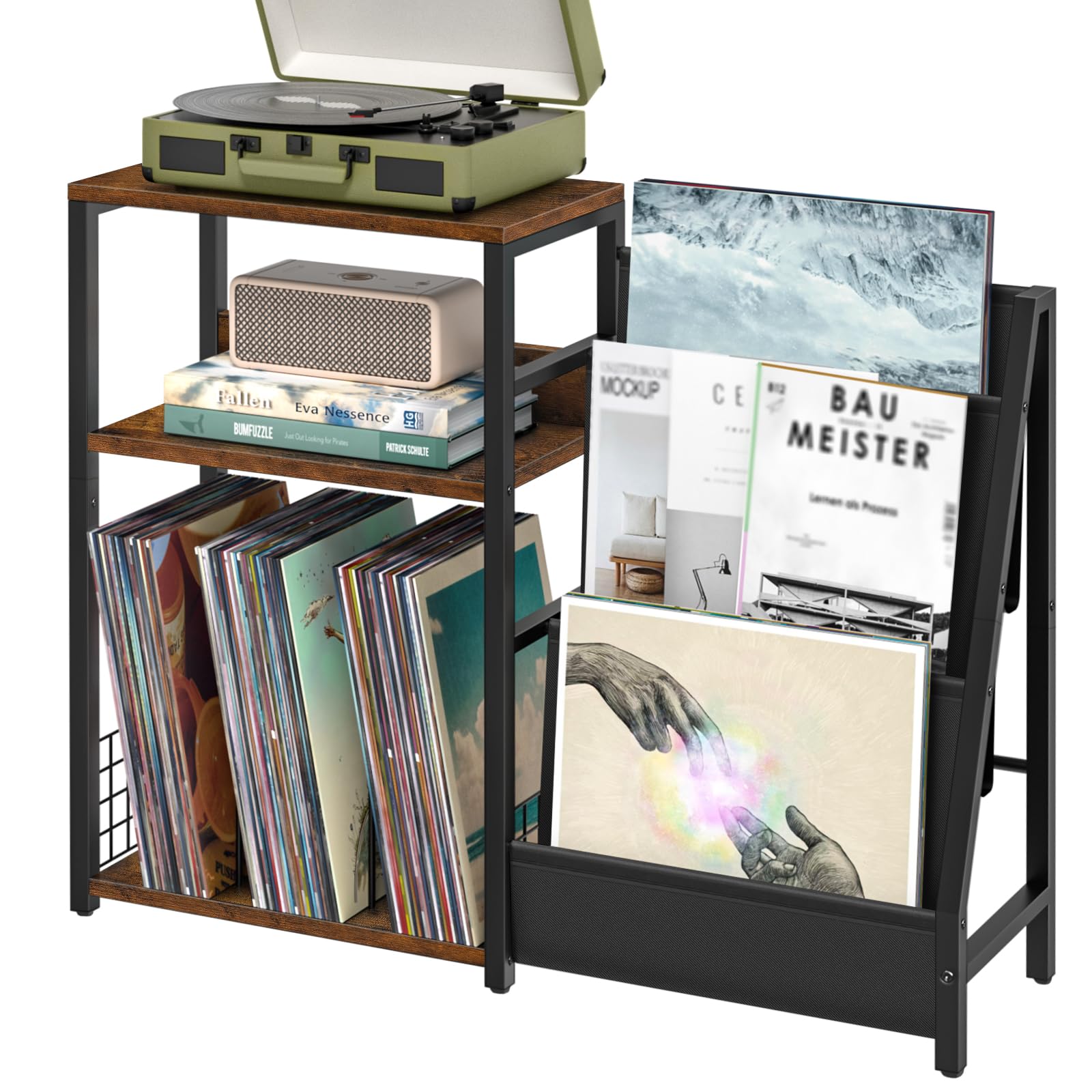 LELELINKY Black End Table,Record Player Stand with Vinyl Storage,3 Tier Side Table with Display Shelf Storage Up to 150 Albums,Industrial Large Record Holder Cabinet for Living Room