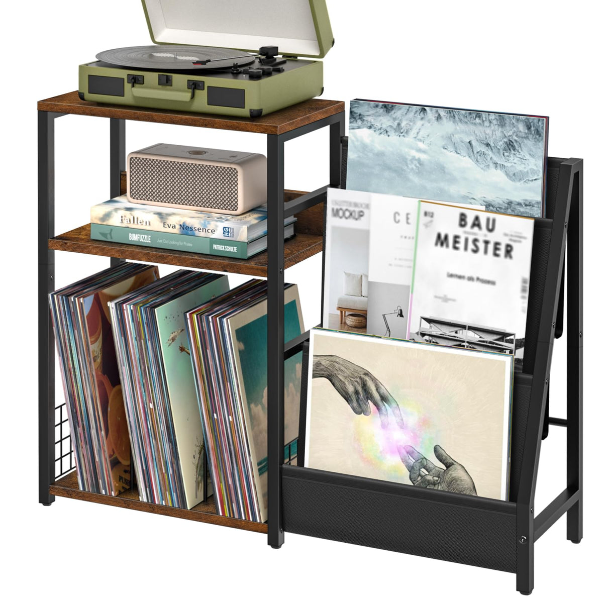 LELELINKY Record Player Stand, Black Adjustable Guitar Stand for Acoustic Guitar, Electric Guitar, Bass, Turntable Stand with Vinyl Display Shelf Storage Up to 150 Albums, End Table for Music Room