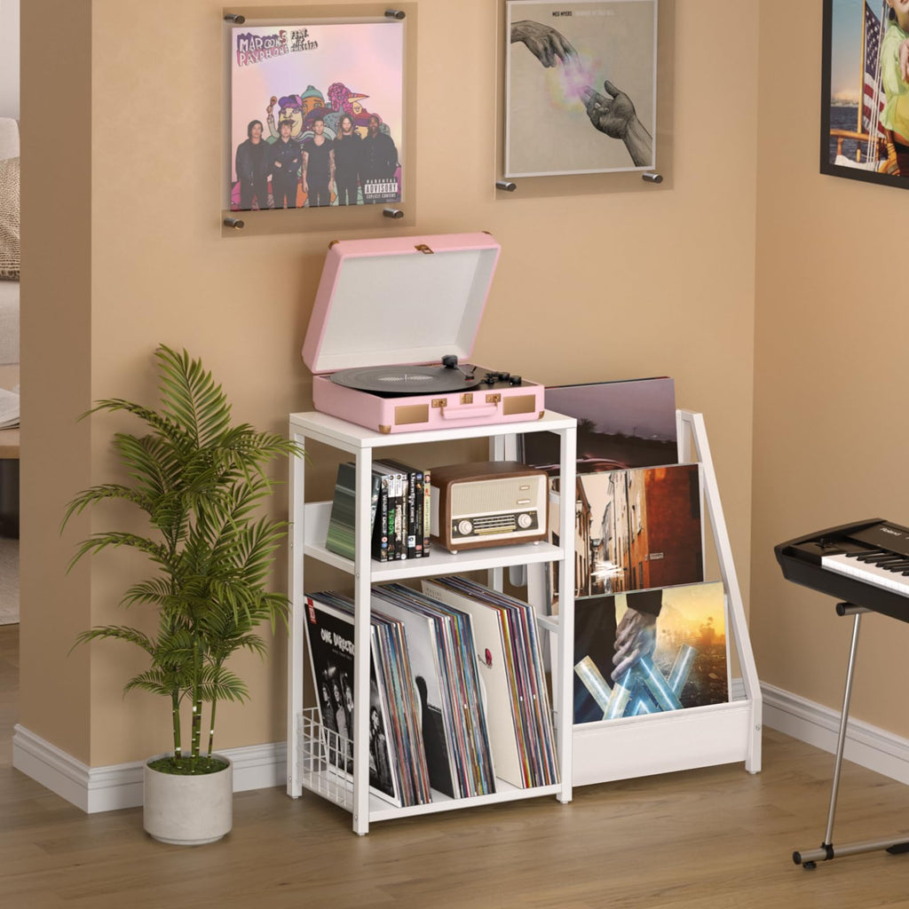 LELELINKY Record Player Stand, Black Adjustable Guitar Stand for Acoustic Guitar, Electric Guitar, Bass, Turntable Stand with Vinyl Display Shelf Storage Up to 150 Albums, End Table for Music Room
