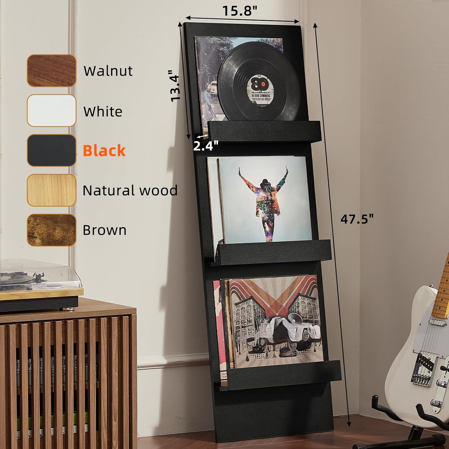 LELELINKY Wall Mount Vinyl Record Holder with 3 Tier Display Shelf, 47.5'' Tall Record Storage Magazine Holder, Book Shelf Holder Holds Up to 15 Vinyls Albums/CD for Living Room, Concert Hall, Black