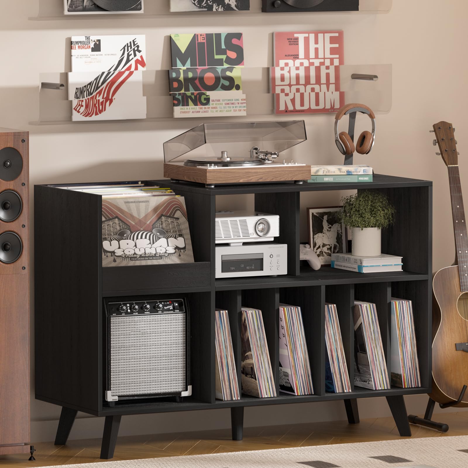 LELELINKY Large Record Player Stand, 48‘’Turntable Stand with Storage, Vinyl Record Holder with Display Area, Record Player Table Holds Up to 450 Albums, Record Stand for Music Room Living Room