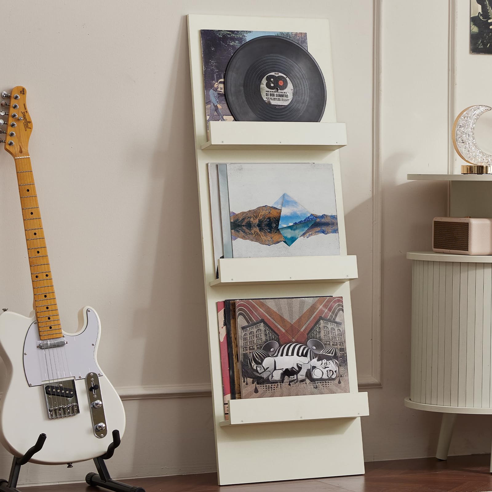 LELELINKY Wall-Leaning Vinyl Record Holder with 3 Tier Display Shelf, 47.5'' Tall Record Storage Magazine Holder, Vinlys Stand Holder Holds Up to 30 Vinyls Albums/CD for Living Room, Brown