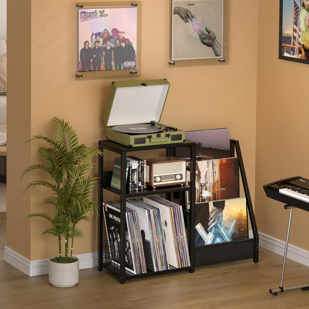LELELINKY Black End Table,Record Player Stand with Vinyl Storage,3 Tier Side Table with Display Shelf Storage Up to 150 Albums,Industrial Large Record Holder Cabinet for Living Room