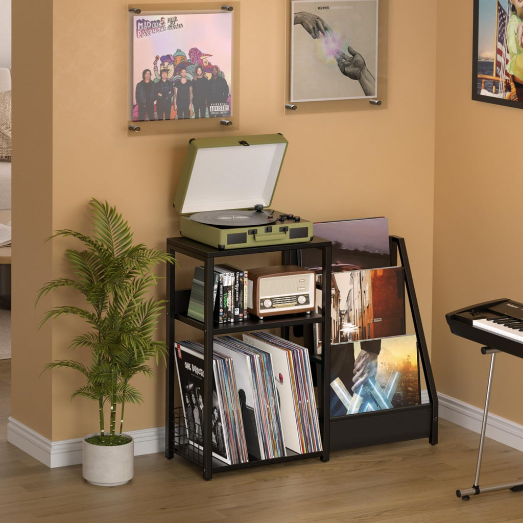 LELELINKY Record Player Stand, Black Adjustable Guitar Stand for Acoustic Guitar, Electric Guitar, Bass, Turntable Stand with Vinyl Display Shelf Storage Up to 150 Albums, End Table for Music Room