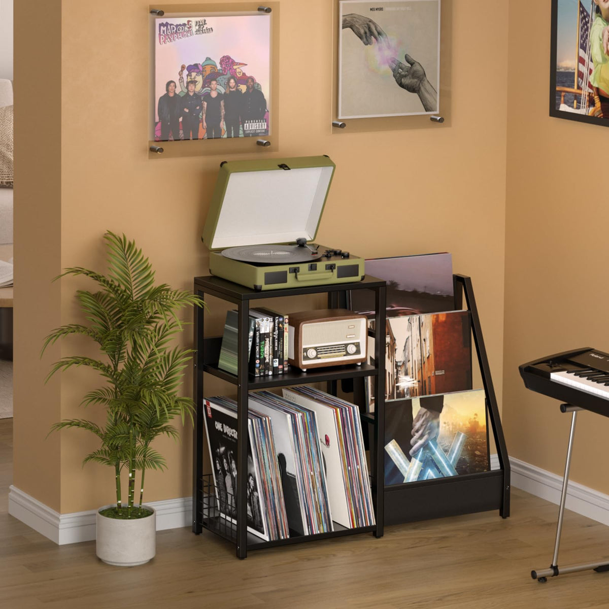 LELELINKY Record Player Stand, Black Adjustable Guitar Stand for Acoustic Guitar, Electric Guitar, Bass, Turntable Stand with Vinyl Display Shelf Storage Up to 150 Albums, End Table for Music Room