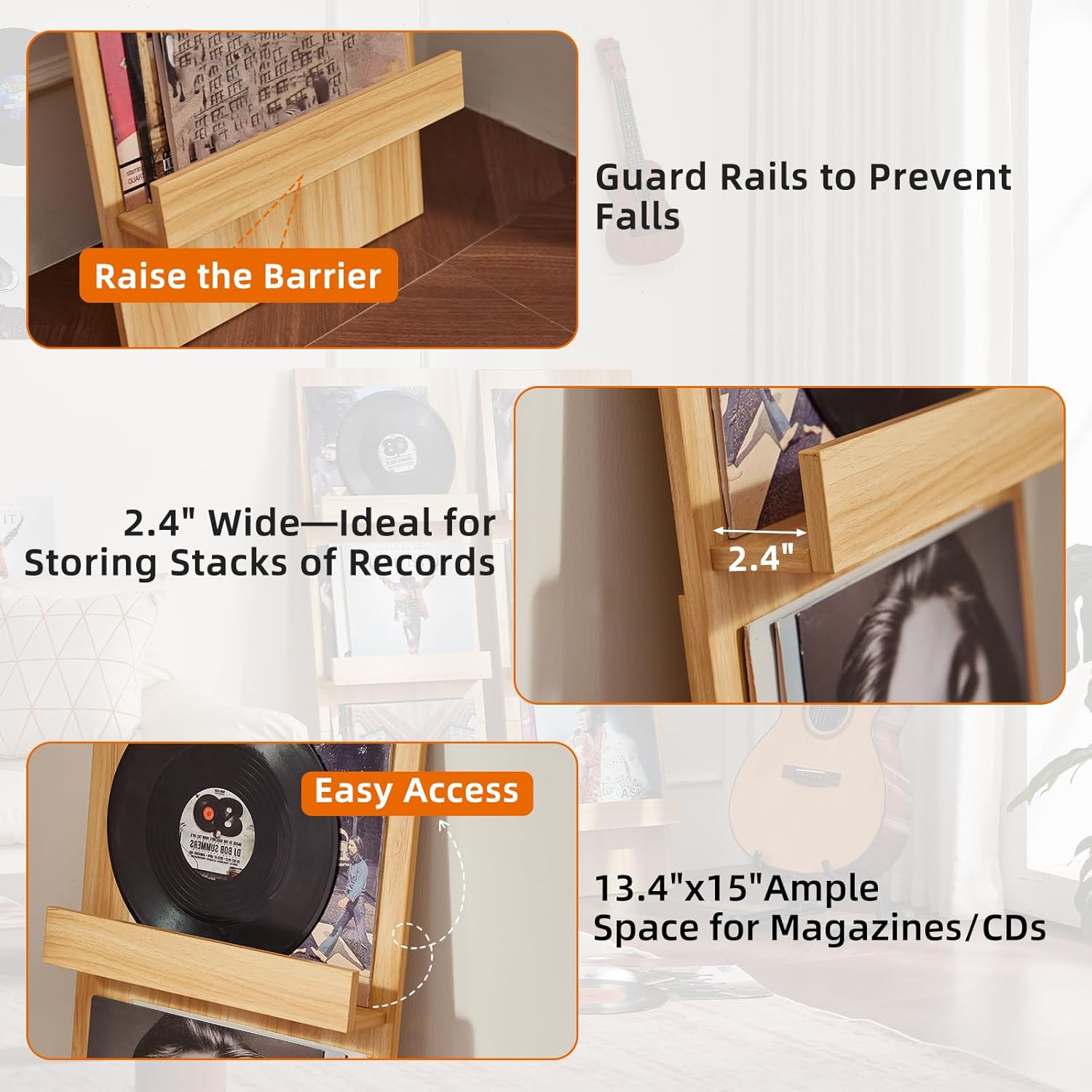 LELELINKY Wall Mount Vinyl Record Holder with 3 Tier Display Shelf, 47.5'' Tall Record Storage Magazine Holder, Book Shelf Holder Holds Up to 15 Vinyls Albums/CD for Living Room, Concert Hall, Natural