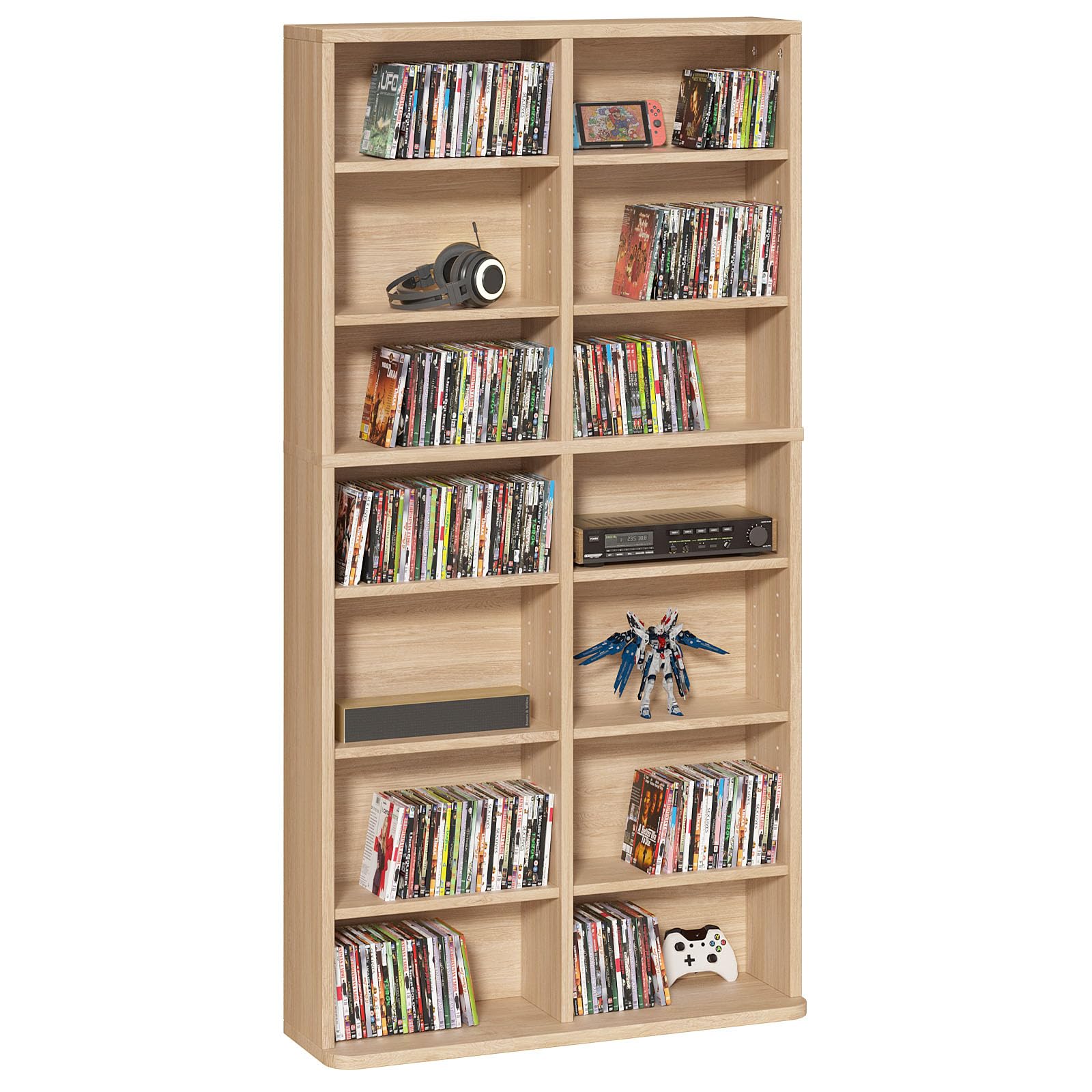 LELELINKY 11 Tier Tall Display Cabinet, Media Storage Cabinet with Adjustable Shelves, Free Standing DVD Organizer Shelf, Floor Multimedia Storage Manga Bookshelf for Living Room & Home Office, Brown