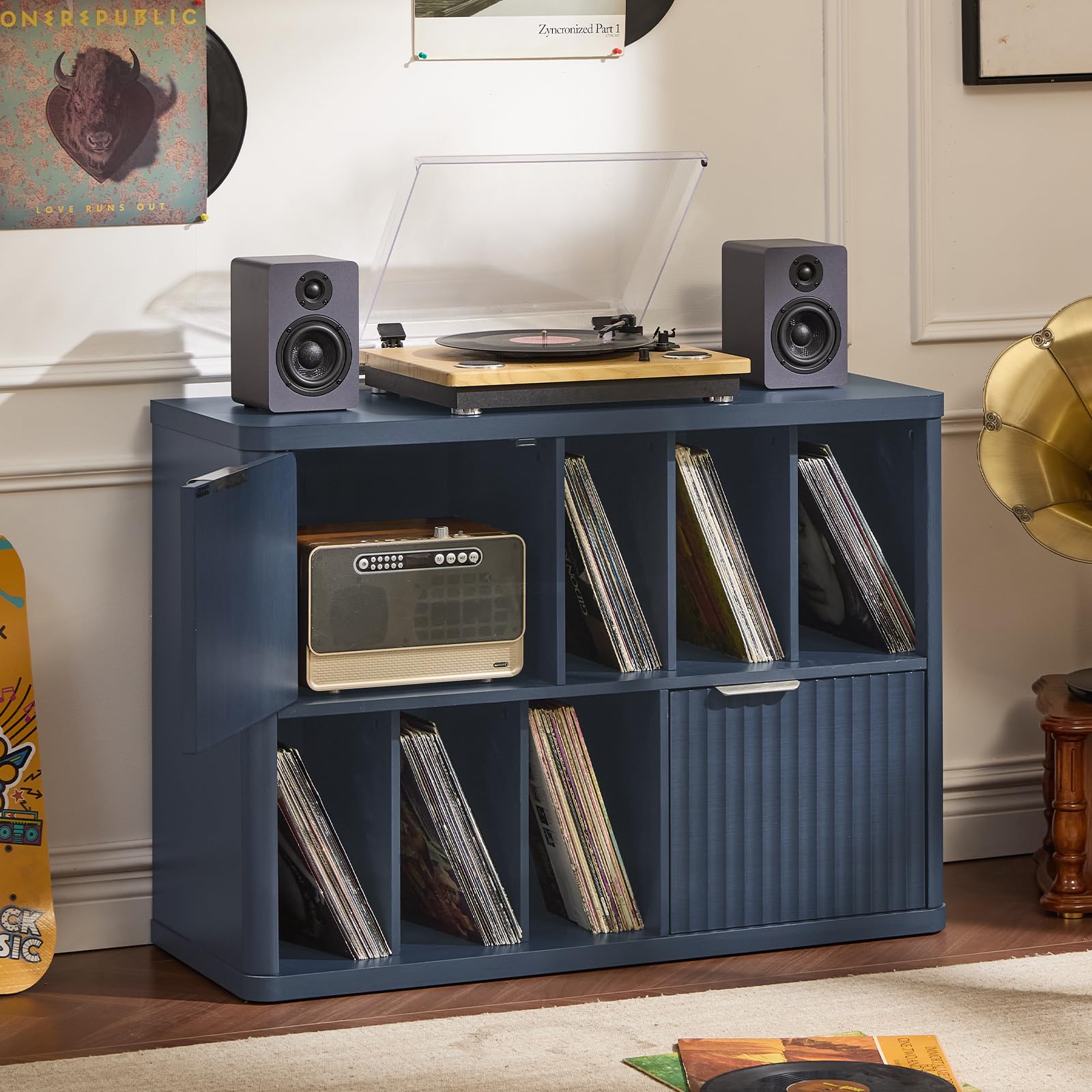 LELELINKY Large Record Player Stand - 39.5" Record Cabinet with Open Vinyl Storage Holds up to 400 Albums, Modern Vinyl Player Table with Fluted Doors, Turntable Stand for Living Room, Natural Oak