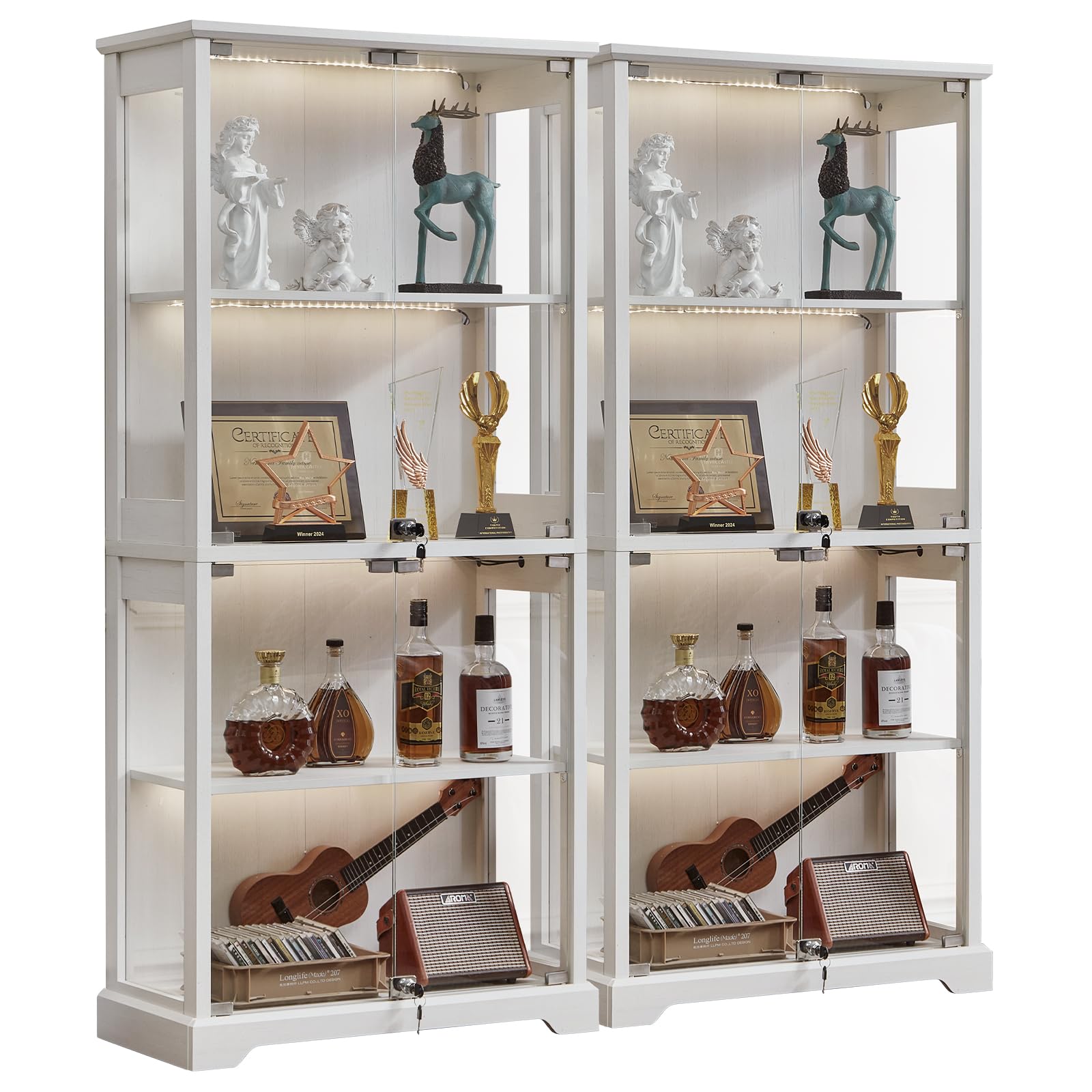 LELELINKY Farmhouse Display Cabinet with Glass Doors, Curio Cabinet with 3-Color LED Motion-Sensor Light, Walnut