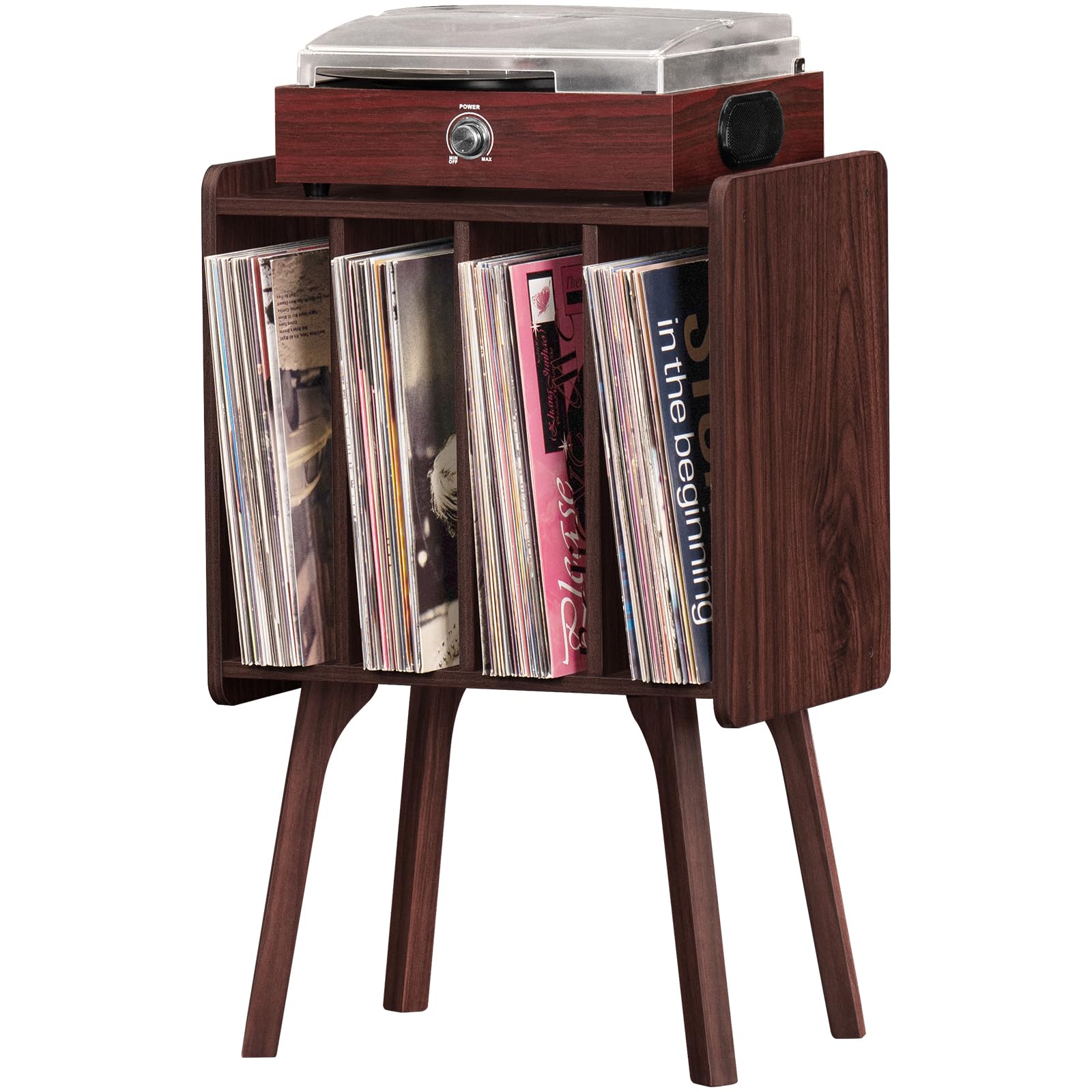 LELELINKY Small Record Player Stand - Width 11.7 in, Brown Vinyl Record Storage Table with 4 Cabinet Up to 80 Albums, Vinyl Holder with Wood Legs,Turntable Stand Display Shelf for Bedroom Living Room