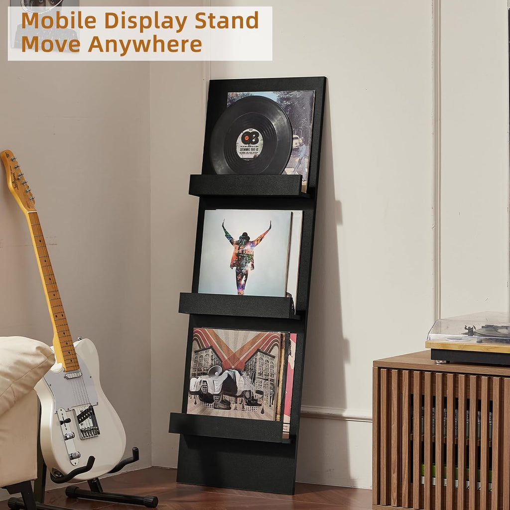 LELELINKY Wall Mount Vinyl Record Holder with 3 Tier Display Shelf, 47.5'' Tall Record Storage Magazine Holder, Book Shelf Holder Holds Up to 15 Vinyls Albums/CD for Living Room, Concert Hall, Black