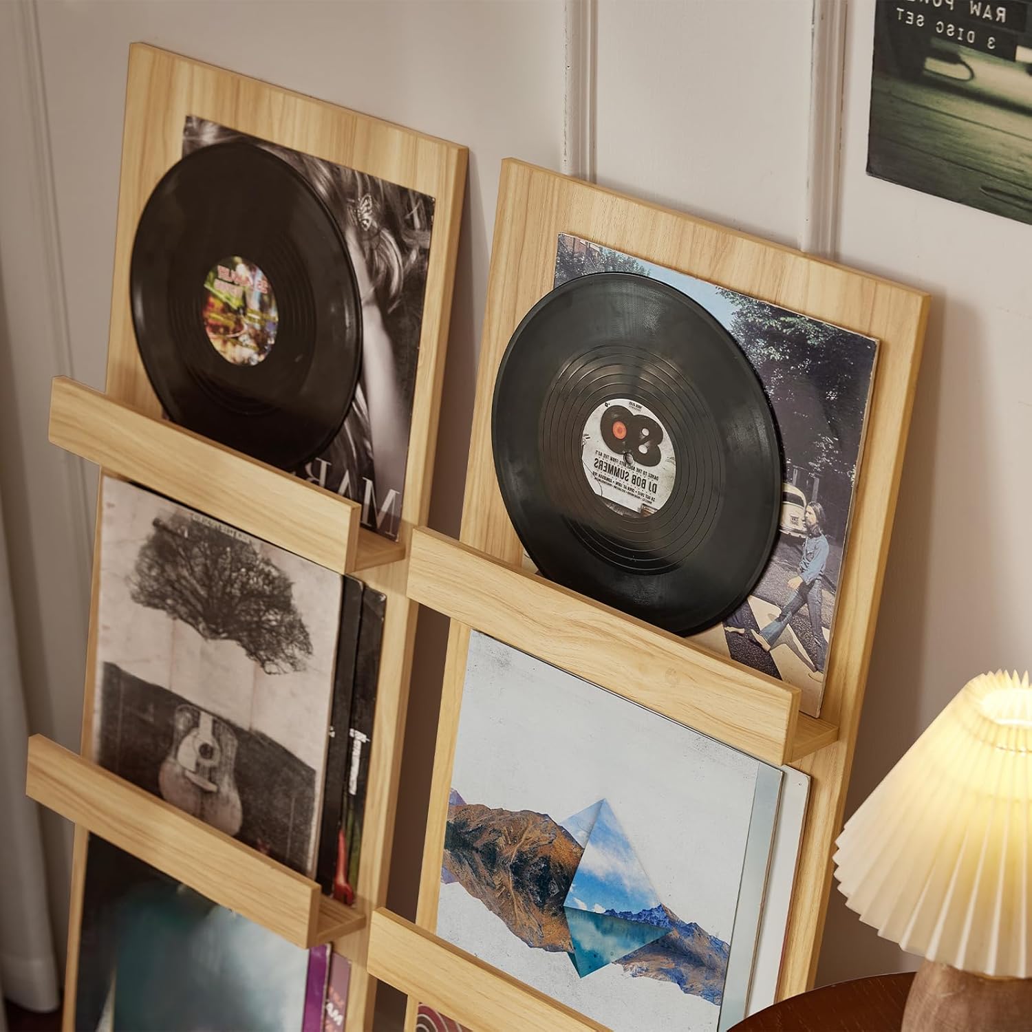 LELELINKY Wall Mount Vinyl Record Holder with 3 Tier Display Shelf, 47.5'' Tall Record Storage Magazine Holder, Book Shelf Holder Holds Up to 15 Vinyls Albums/CD for Living Room, Concert Hall, Natural