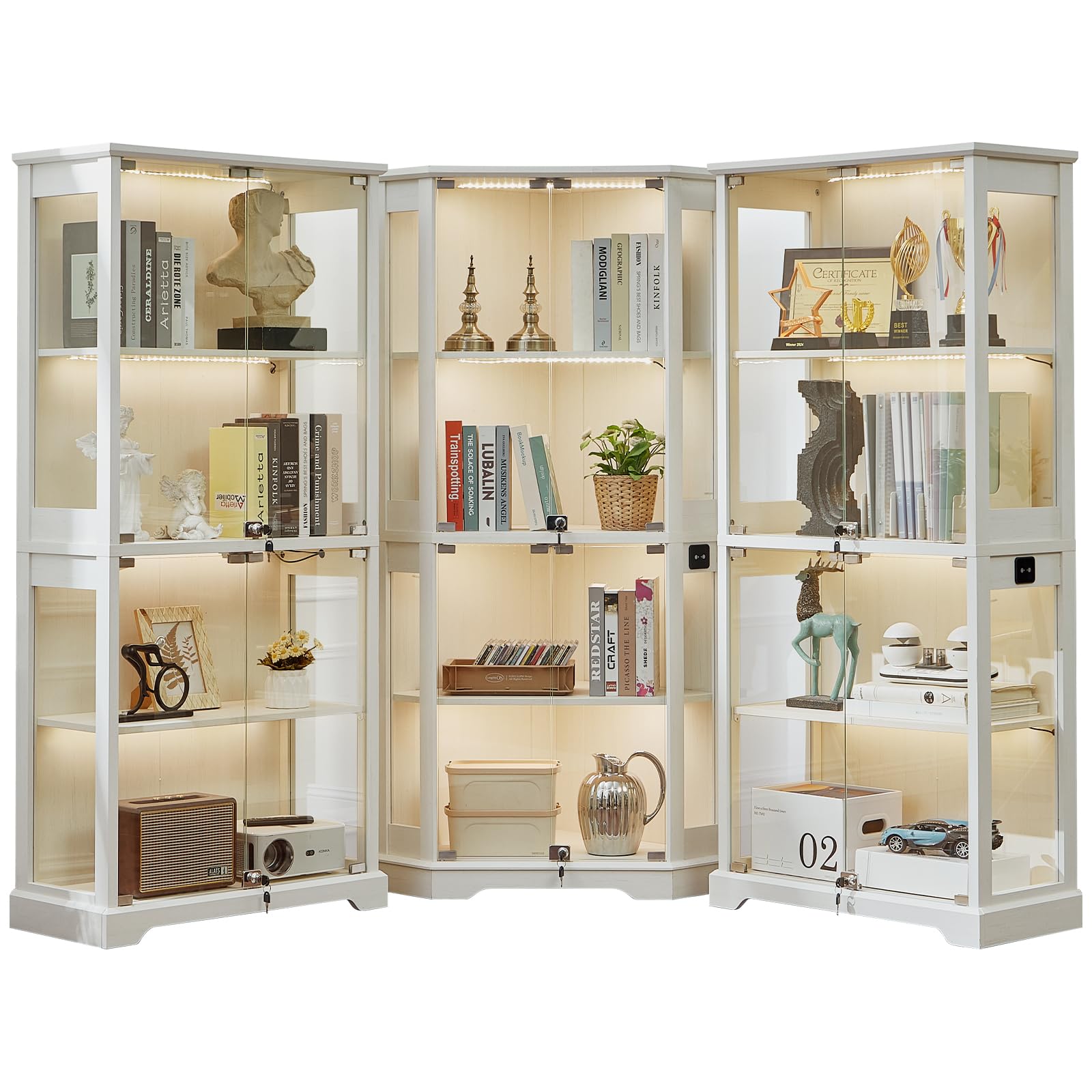 LELELINKY Farmhouse Corner Display Cabinet with Glass Doors, Corner Curio Cabinet with 3-Color LED Motion-Sensor Light, Walnut