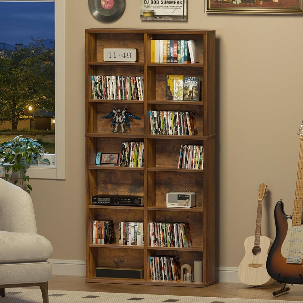 LELELINKY 7 Tier Tall Display Cabinet, Brown Media Storage Cabinet with Adjustable Shelves, Free Standing DVD Organizer Shelf, Floor Multimedia Storage Manga Bookshelf for Living Room & Home Office.
