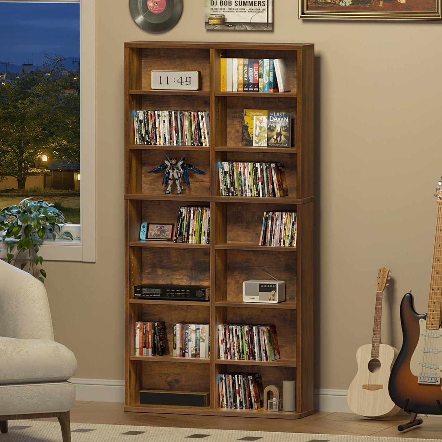 LELELINKY 7 Tier Tall Display Cabinet, Brown Media Storage Cabinet with Adjustable Shelves, Free Standing DVD Organizer Shelf, Floor Multimedia Storage Manga Bookshelf for Living Room & Home Office.