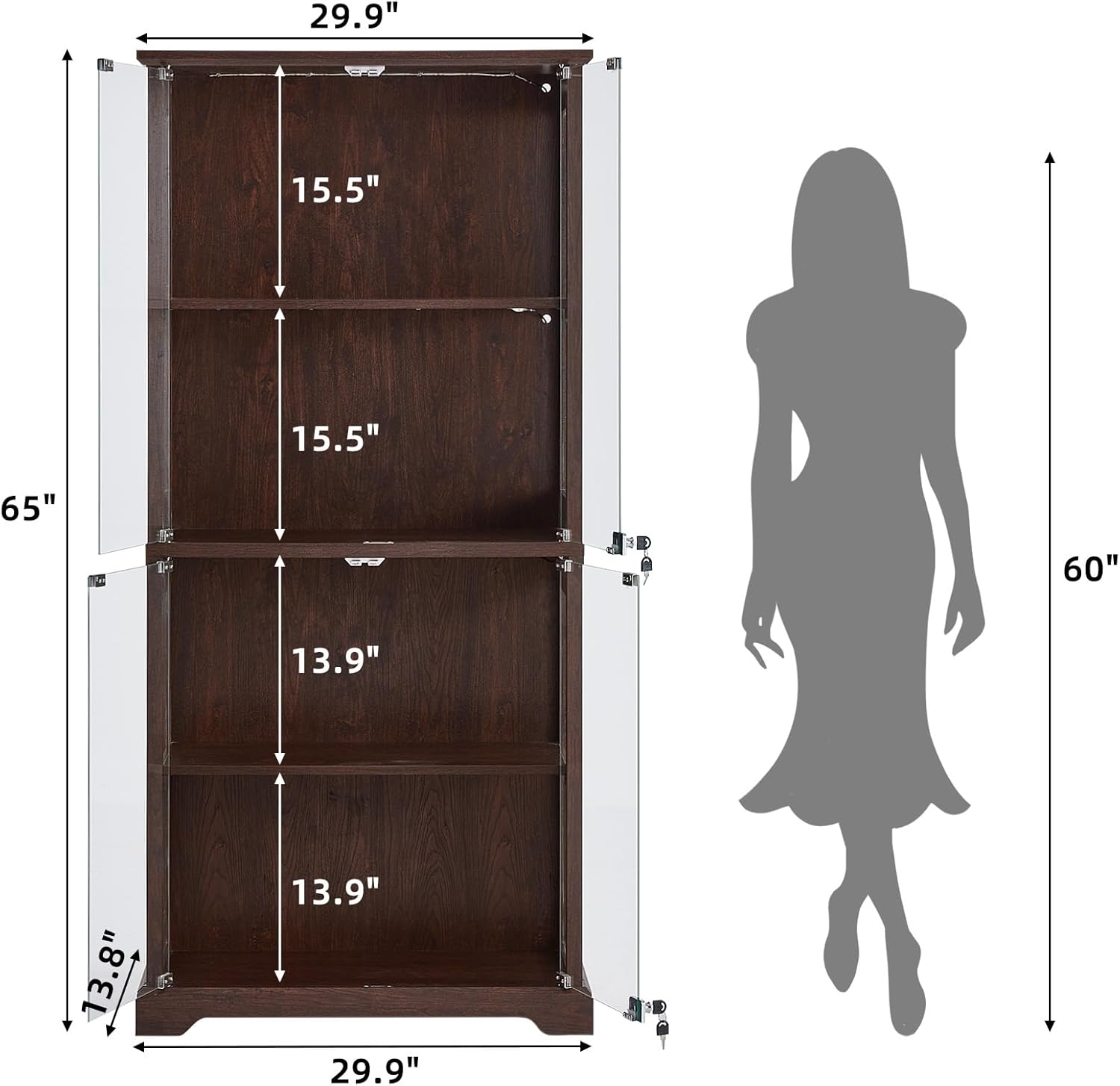 LELELINKY Farmhouse Display Cabinet with Glass Doors, Curio Cabinet with 3-Color LED Motion-Sensor Light, Walnut
