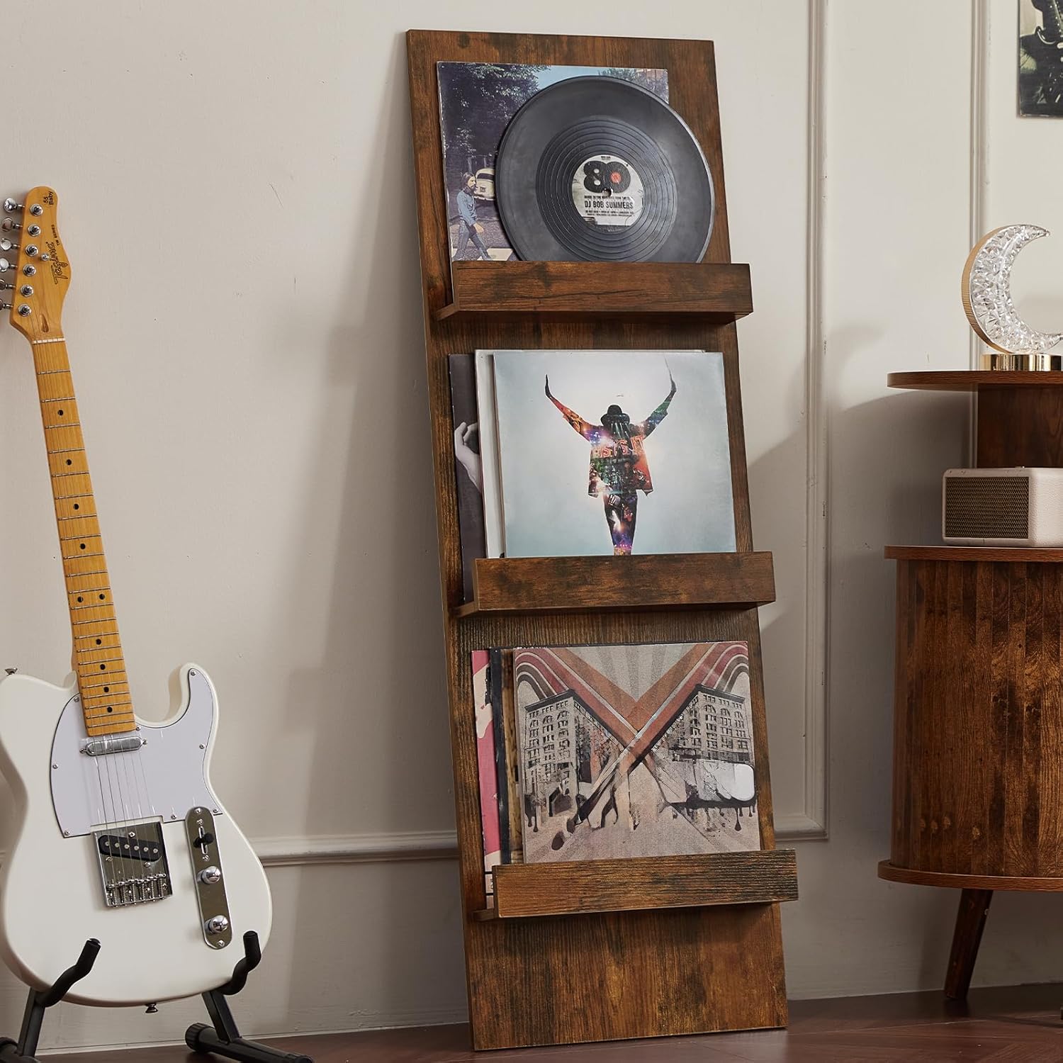 LELELINKY Wall-Leaning Vinyl Record Holder with 3 Tier Display Shelf, 47.5'' Tall Record Storage Magazine Holder, Vinlys Stand Holder Holds Up to 30 Vinyls Albums/CD for Living Room, Brown