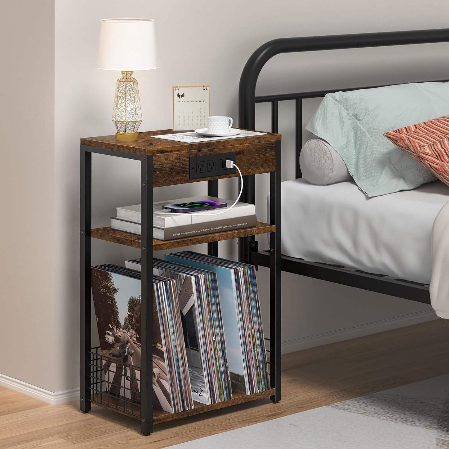 LELELINKY Brown Record Player Stand with Charging Station