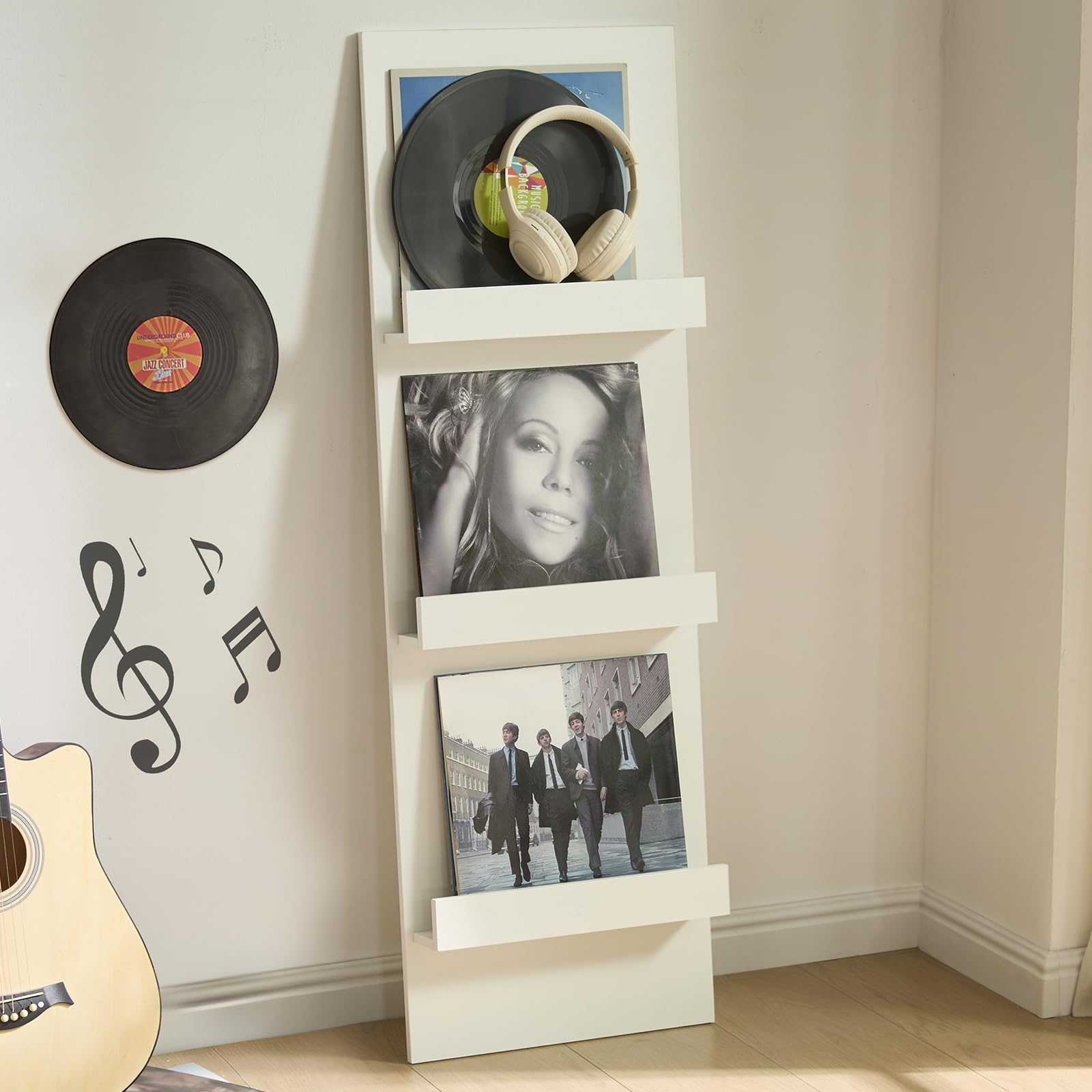 LELELINKY Wall Mount Vinyl Record Holder with 3 Tier Display Area, 47.5'' Tall Record Storage Magazine Holder, Book Shelf Holder Holds Up to 15 Vinyls Albums/CD for Music Room, Living Room, Black