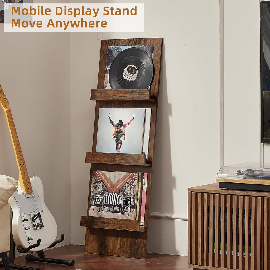 LELELINKY Wall-Leaning Vinyl Record Holder with 3 Tier Display Shelf, 47.5'' Tall Record Storage Magazine Holder, Vinlys Stand Holder Holds Up to 30 Vinyls Albums/CD for Living Room, Brown