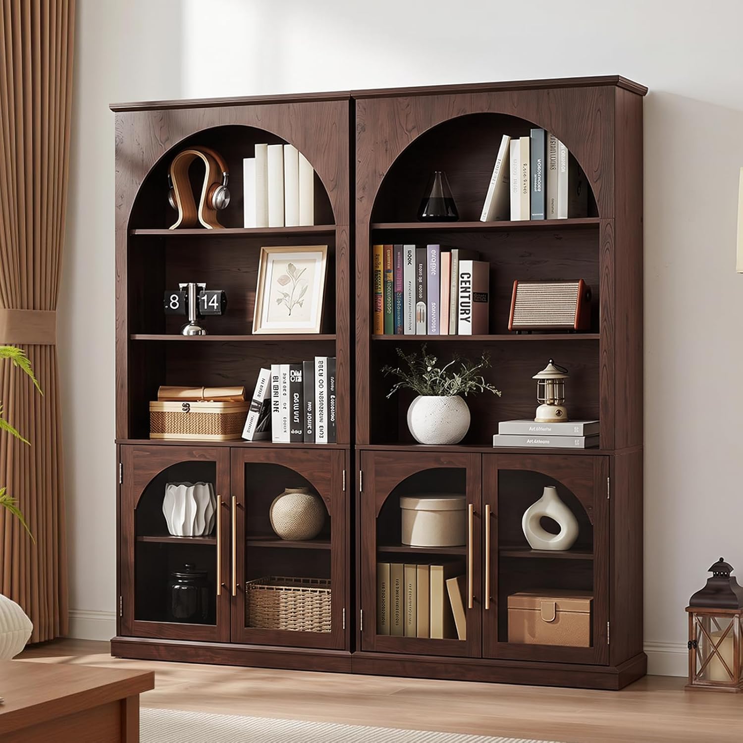 LELELINKY Arched Bookshelf with Tempered Glass Doors, 67" Tall Bookcase