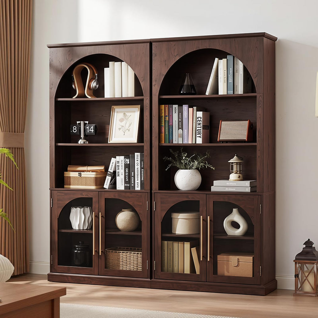 LELELINKY Arched Bookshelf with Tempered Glass Doors, 67" Tall Bookcase